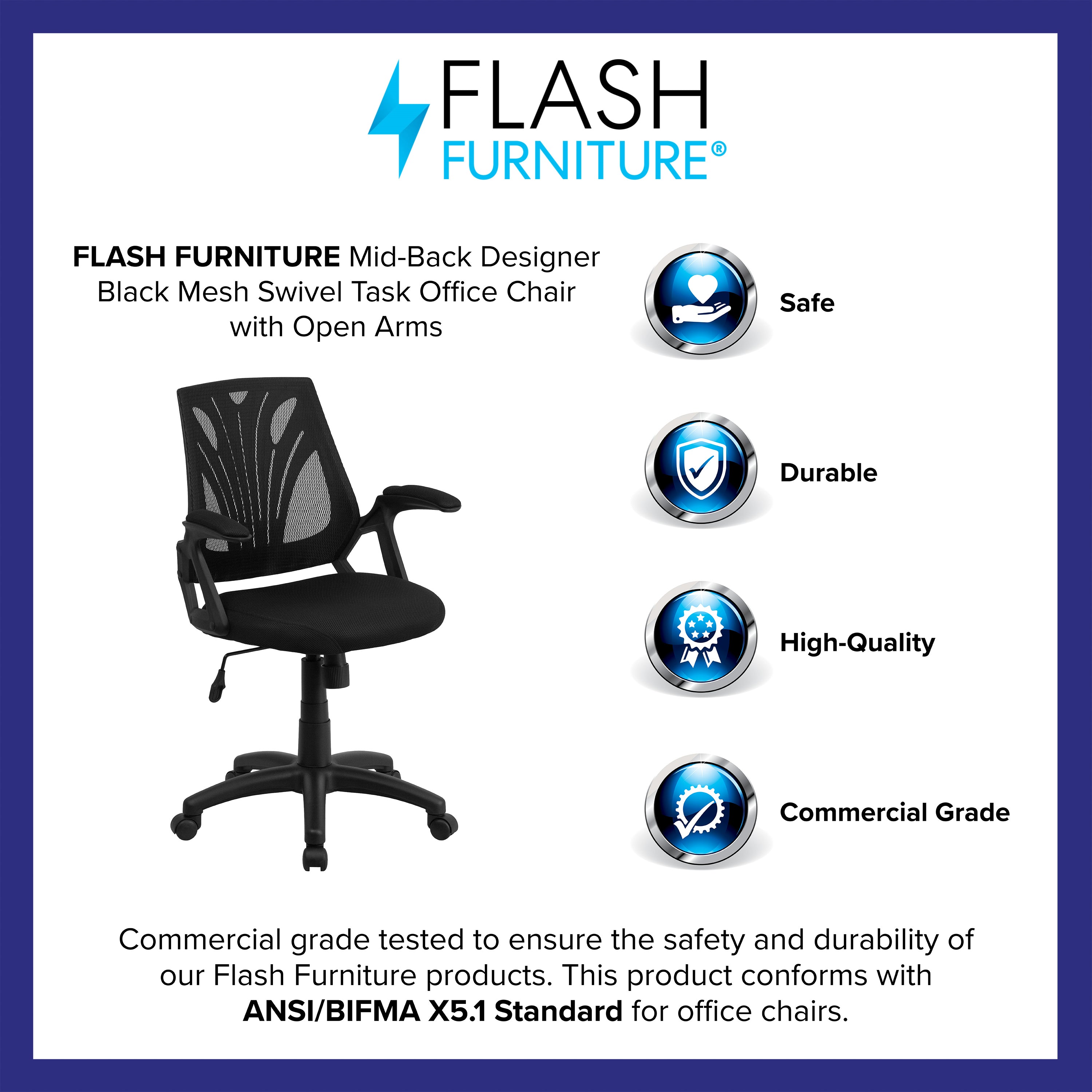 Sam Mid-Back Designer Black Mesh Swivel Task Office Chair with Open Arms
