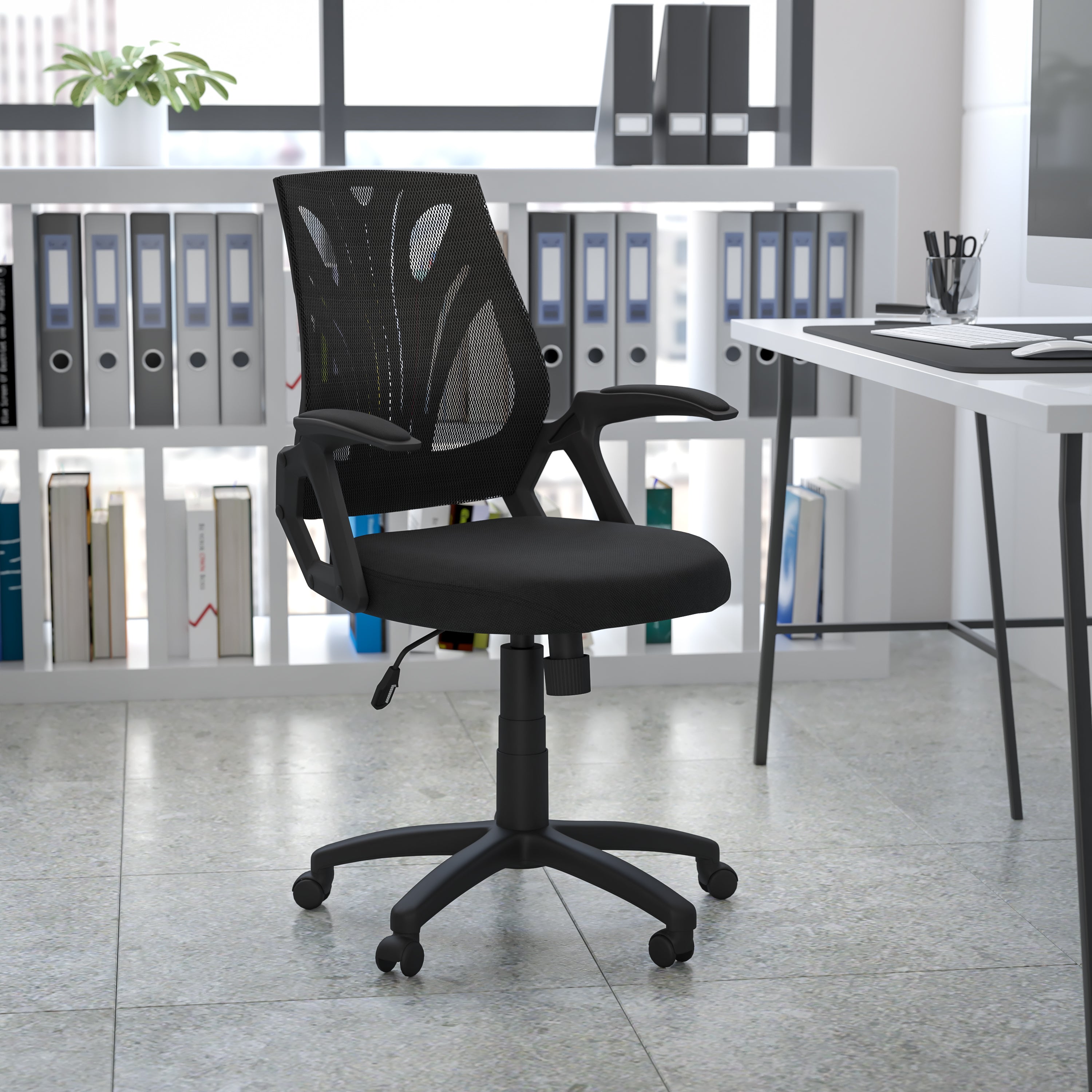 Sam Mid-Back Designer Black Mesh Swivel Task Office Chair with Open Arms