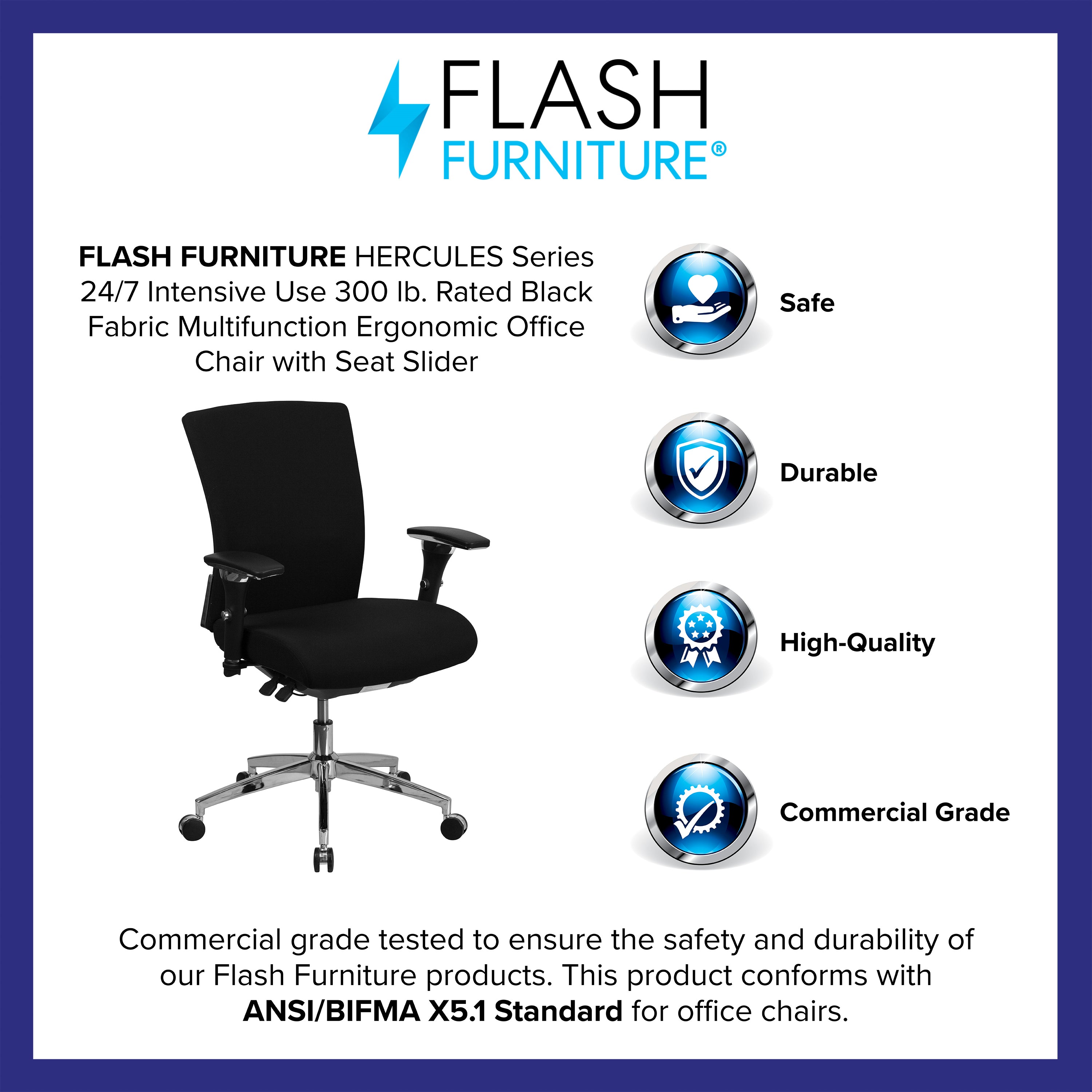 HERCULES Series 24/7 Intensive Use 300 lb. Rated Black Fabric Multifunction Ergonomic Office Chair with Seat Slider