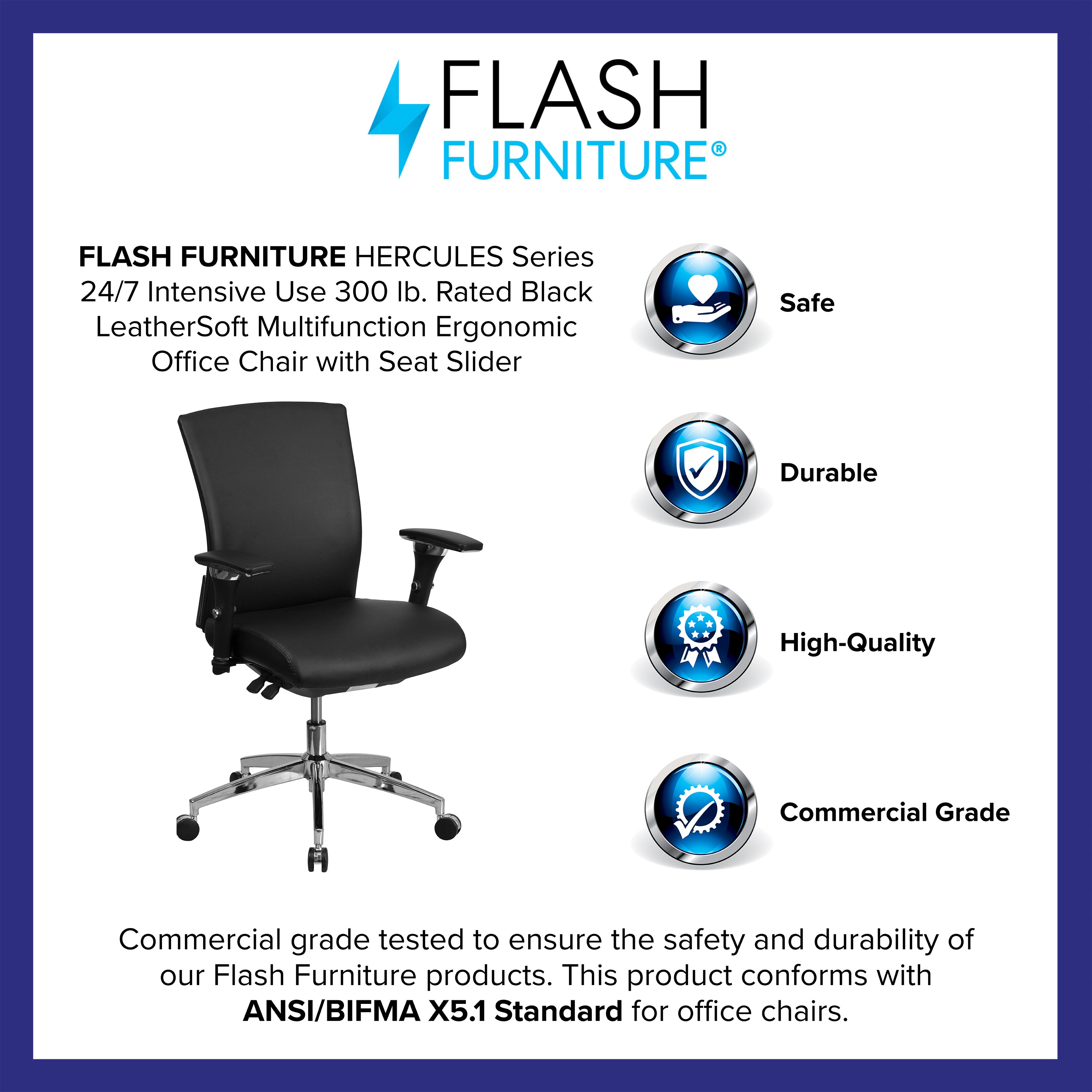 HERCULES Series 24/7 Intensive Use 300 lb. Rated Black LeatherSoft Multifunction Ergonomic Office Chair with Seat Slider