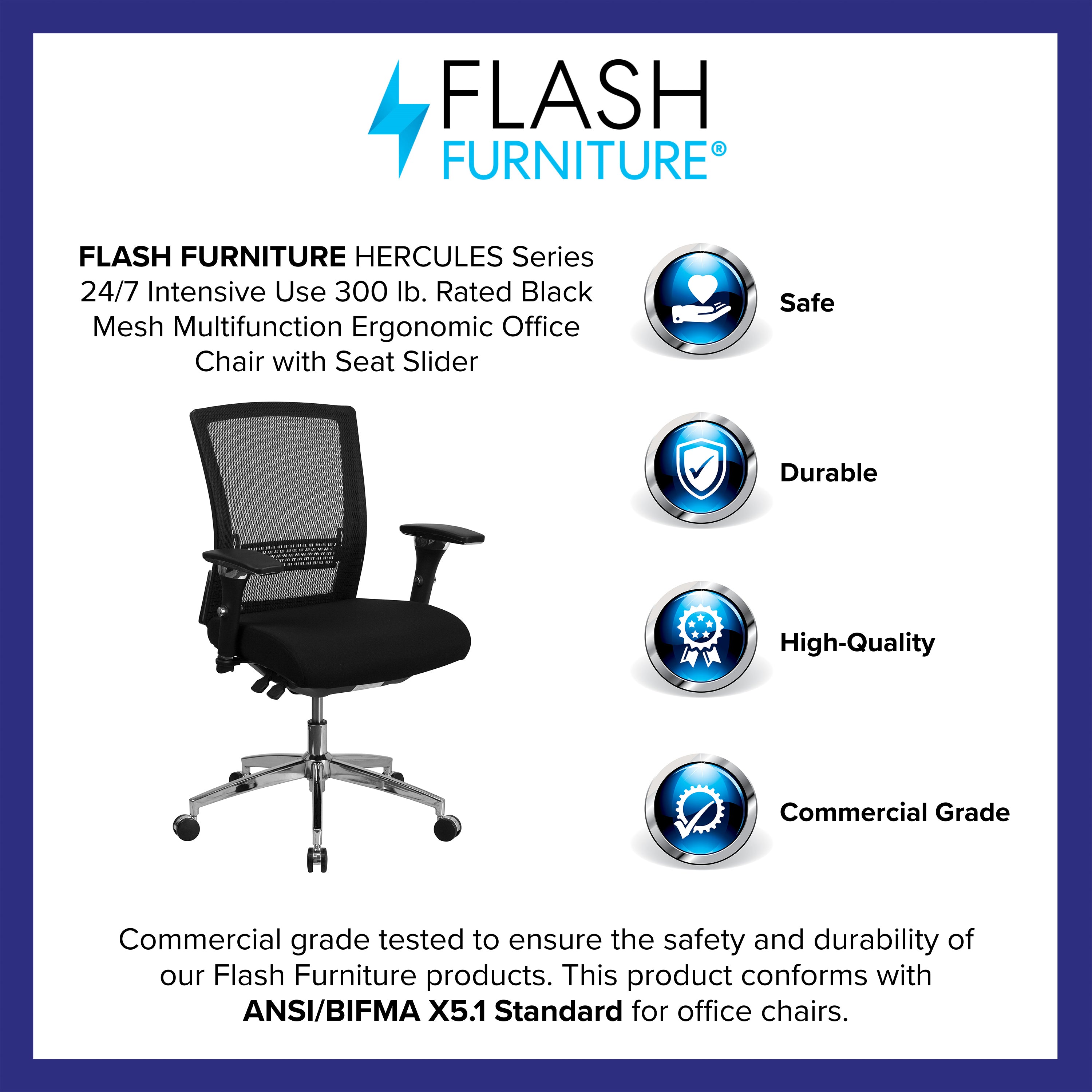 HERCULES Series 24/7 Intensive Use 300 lb. Rated Black Mesh Multifunction Ergonomic Office Chair with Seat Slider