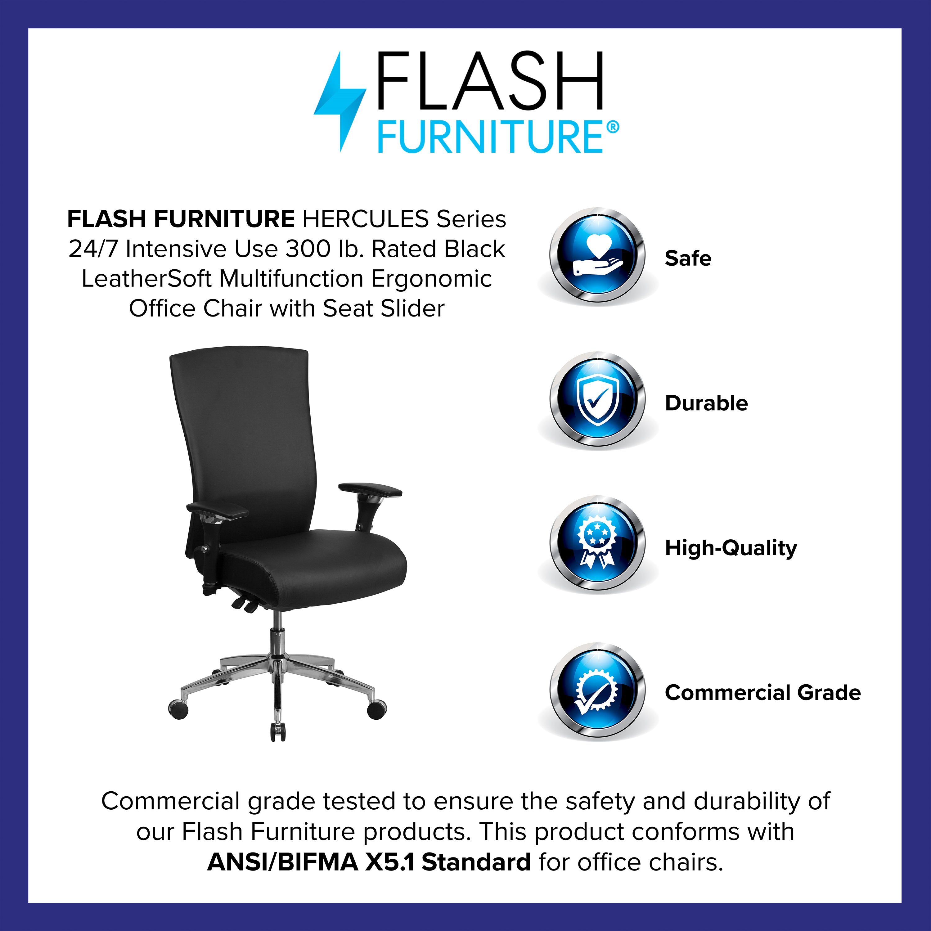 HERCULES Series 24/7 Intensive Use 300 lb. Rated Black LeatherSoft Multifunction Ergonomic Office Chair with Seat Slider