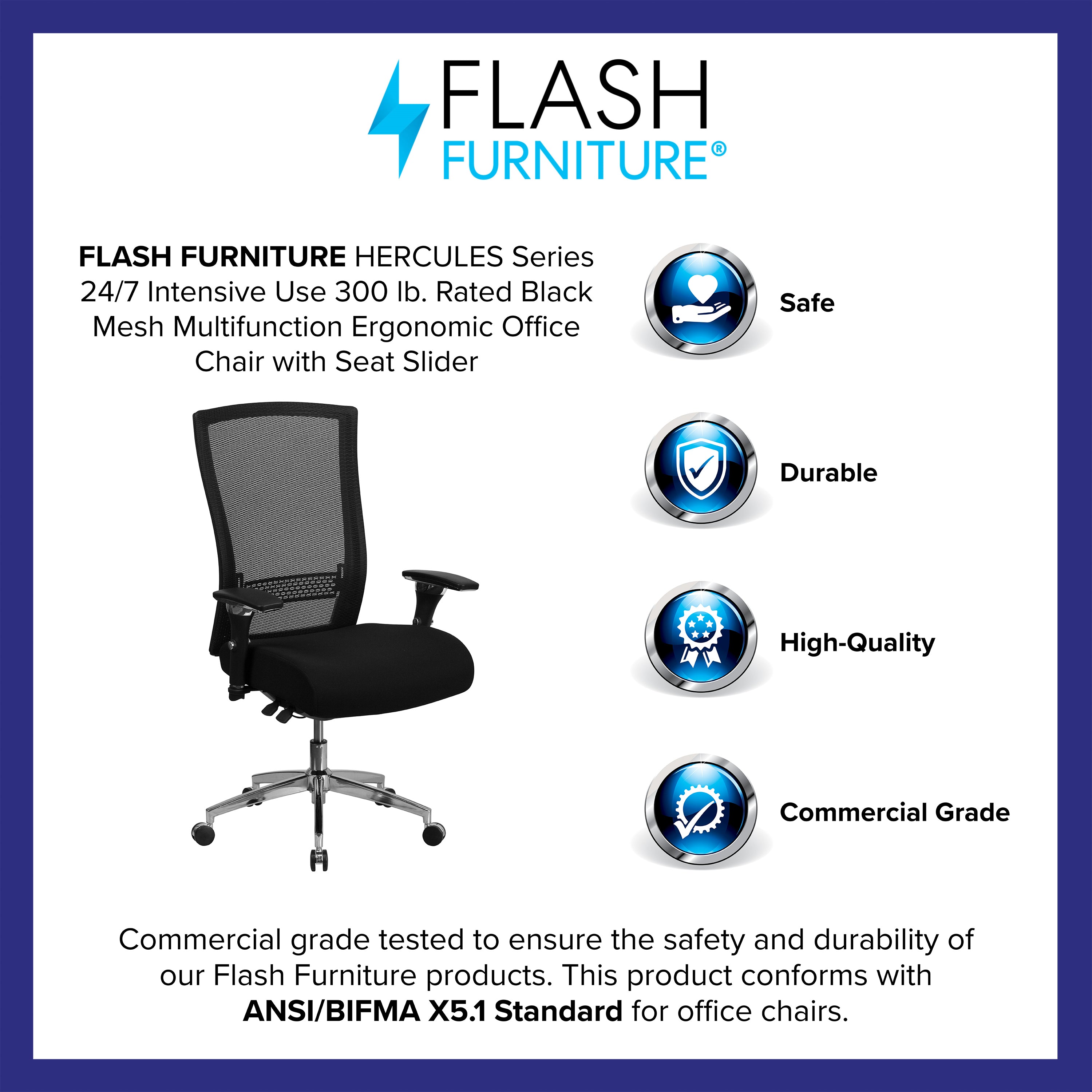 HERCULES Series 24/7 Intensive Use 300 lb. Rated Black Mesh Multifunction Ergonomic Office Chair with Seat Slider
