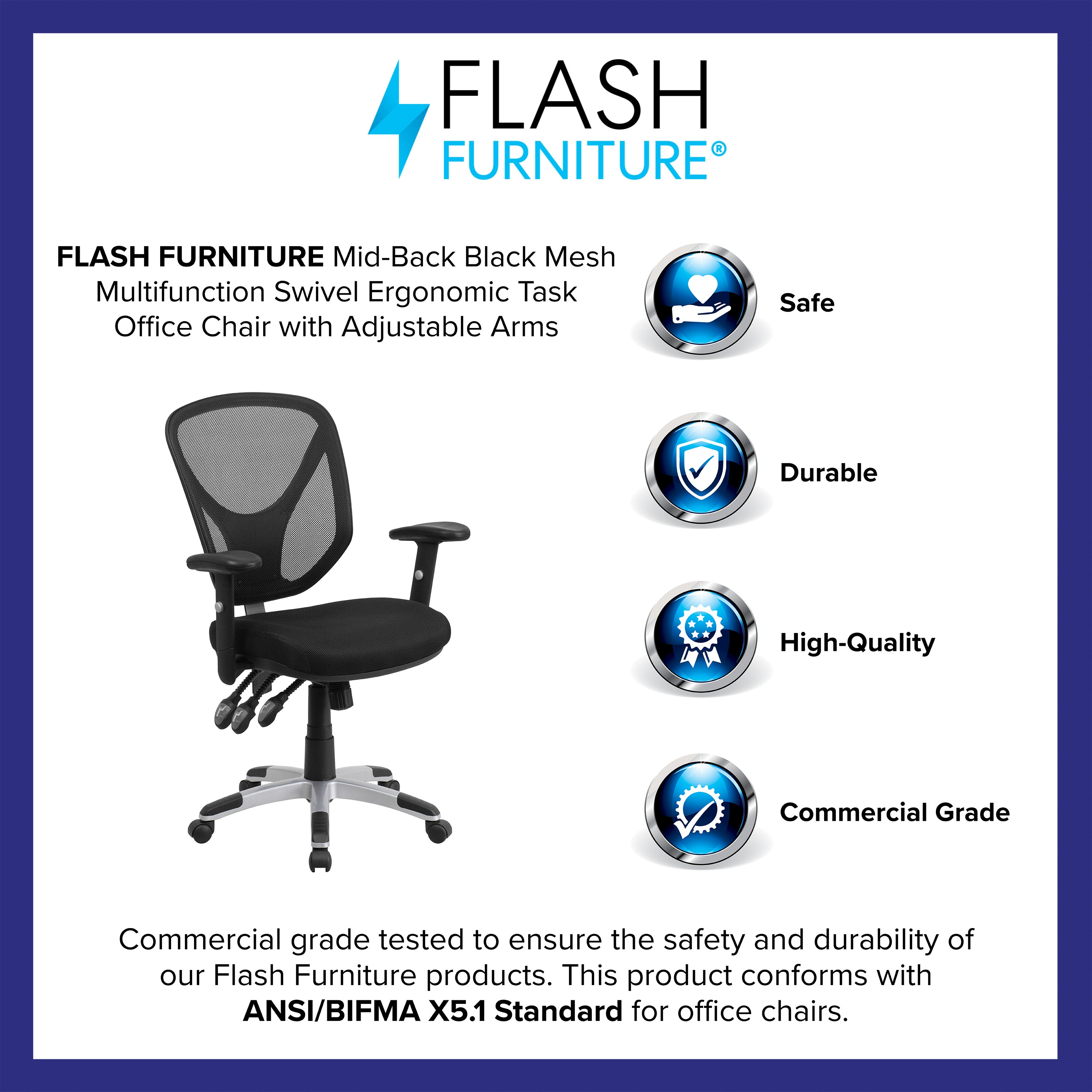Sam Mid-Back Black Mesh Multifunction Swivel Ergonomic Task Office Chair with Adjustable Arms