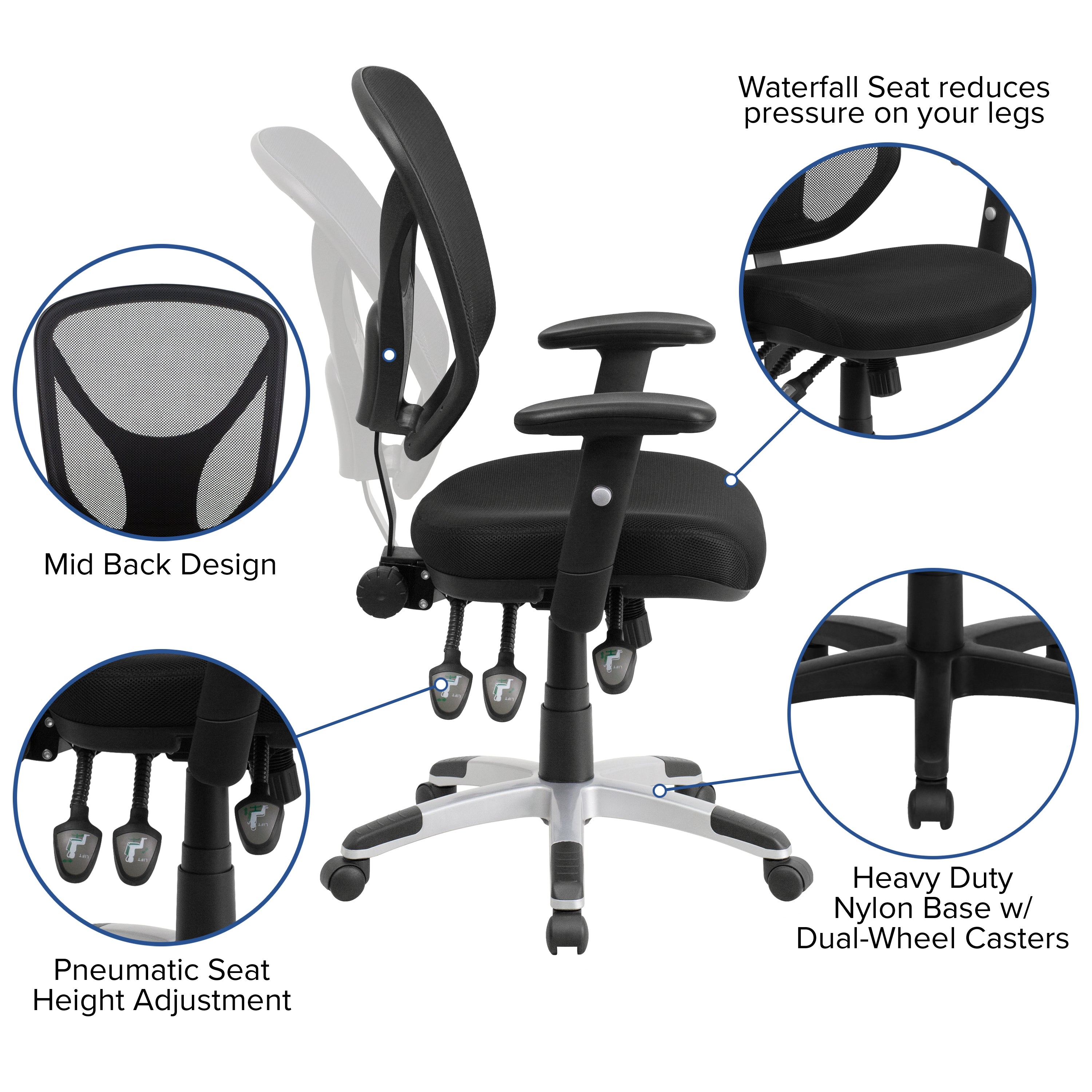 Sam Mid-Back Black Mesh Multifunction Swivel Ergonomic Task Office Chair with Adjustable Arms