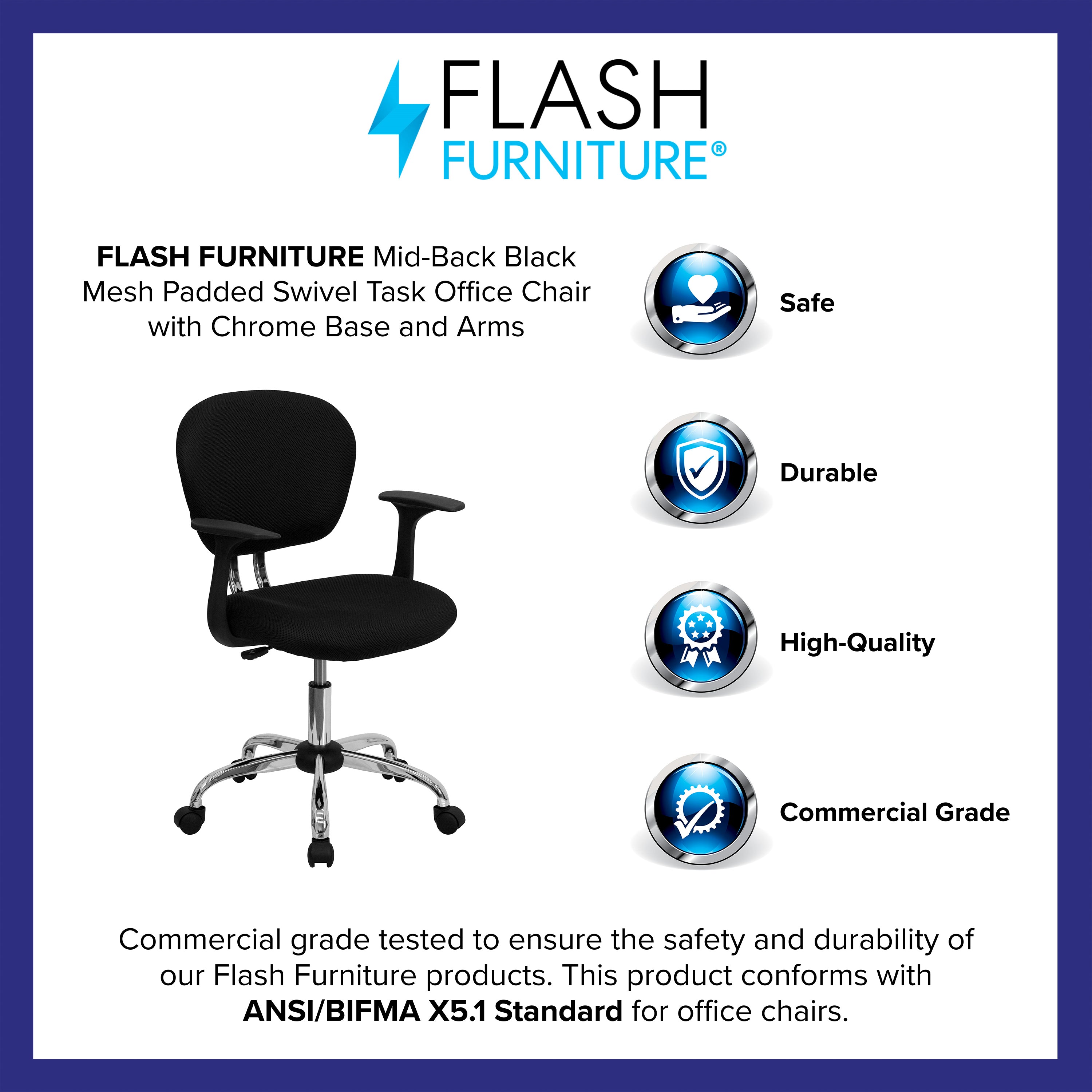Beverly Mid-Back Black Mesh Padded Swivel Task Office Chair with Chrome Base and Arms