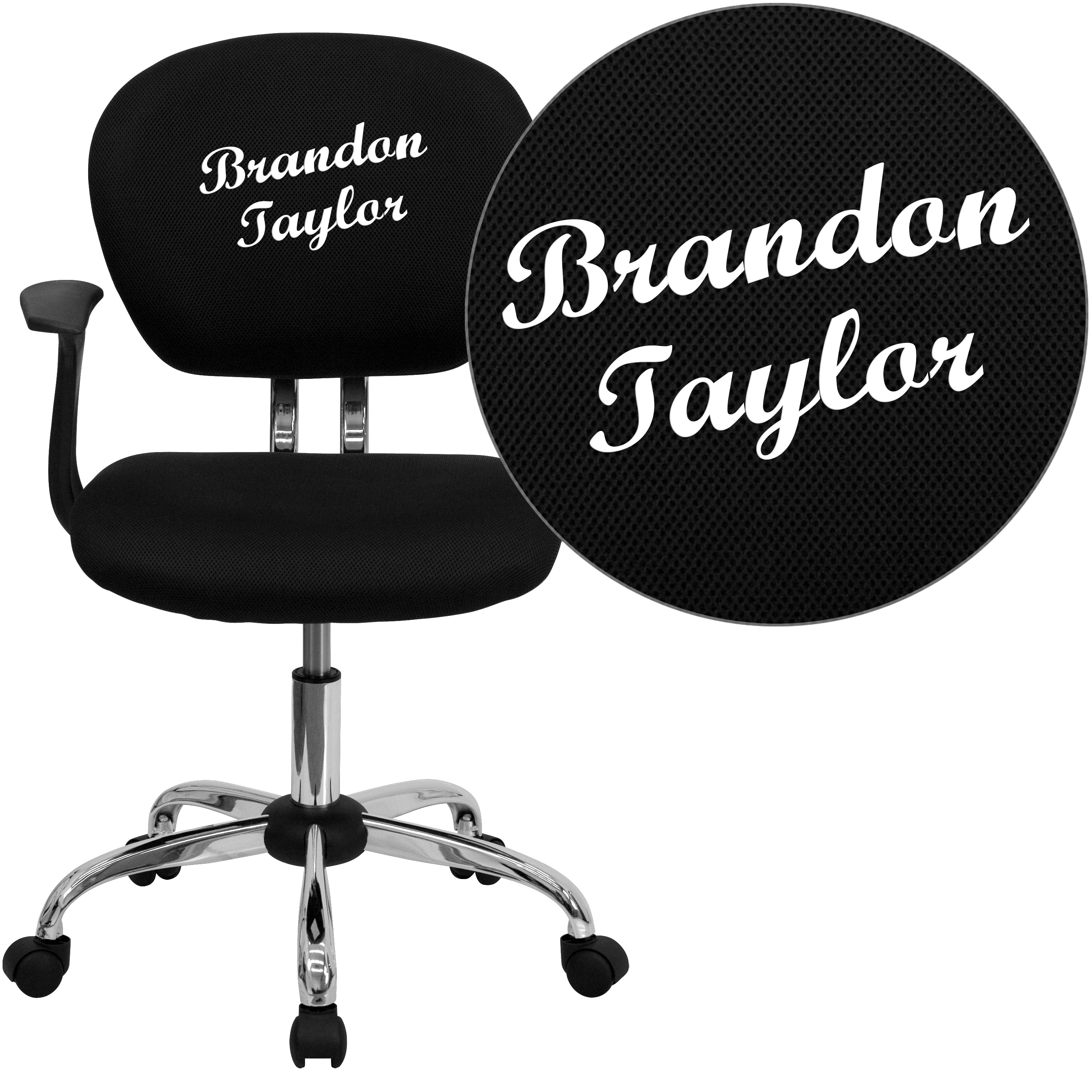 Beverly Personalized Mid-Back Black Mesh Swivel Task Office Chair with Chrome Base and Arms