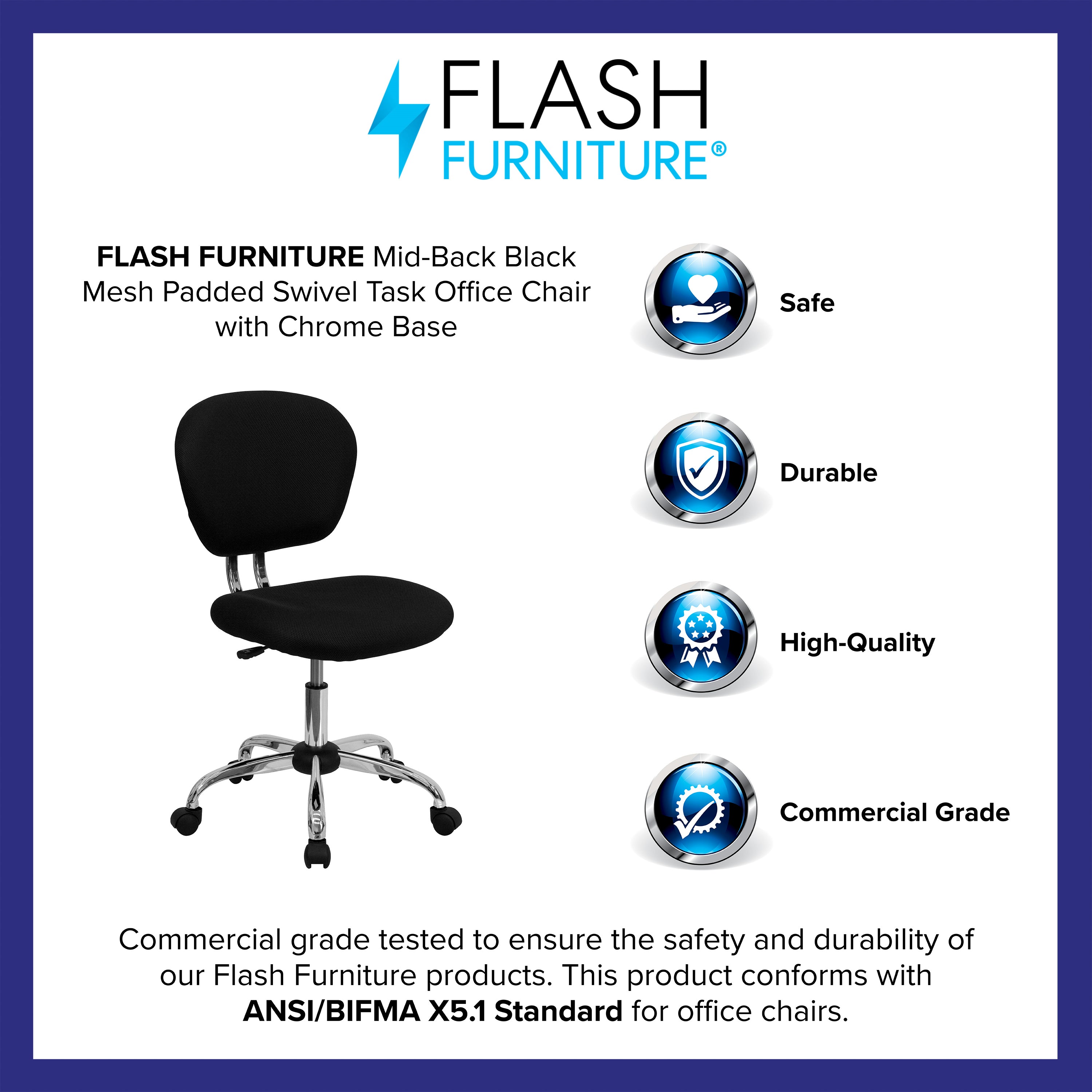 Beverly Mid-Back Black Mesh Padded Swivel Task Office Chair with Chrome Base