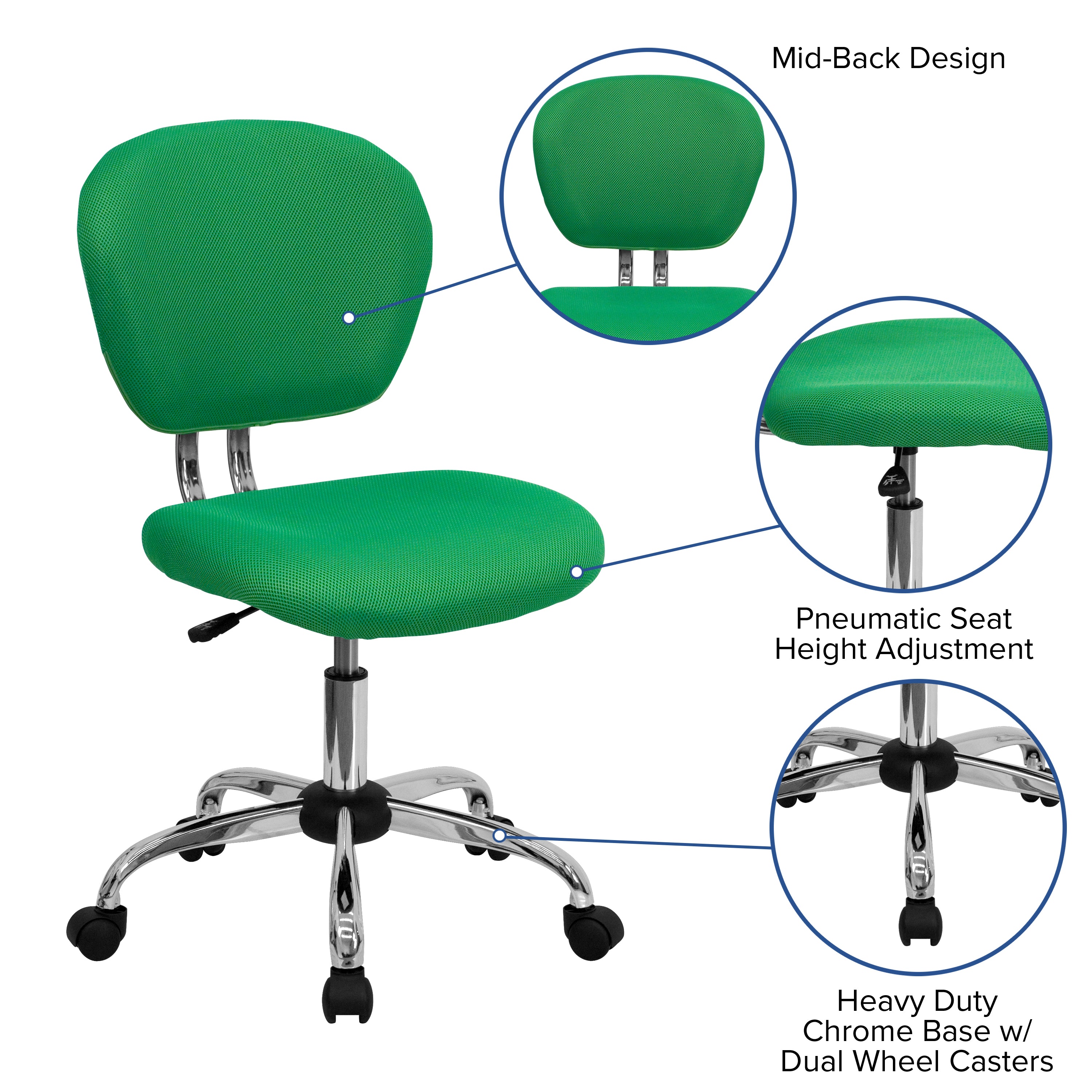 Beverly Mid-Back Bright Green Mesh Padded Swivel Task Office Chair with Chrome Base