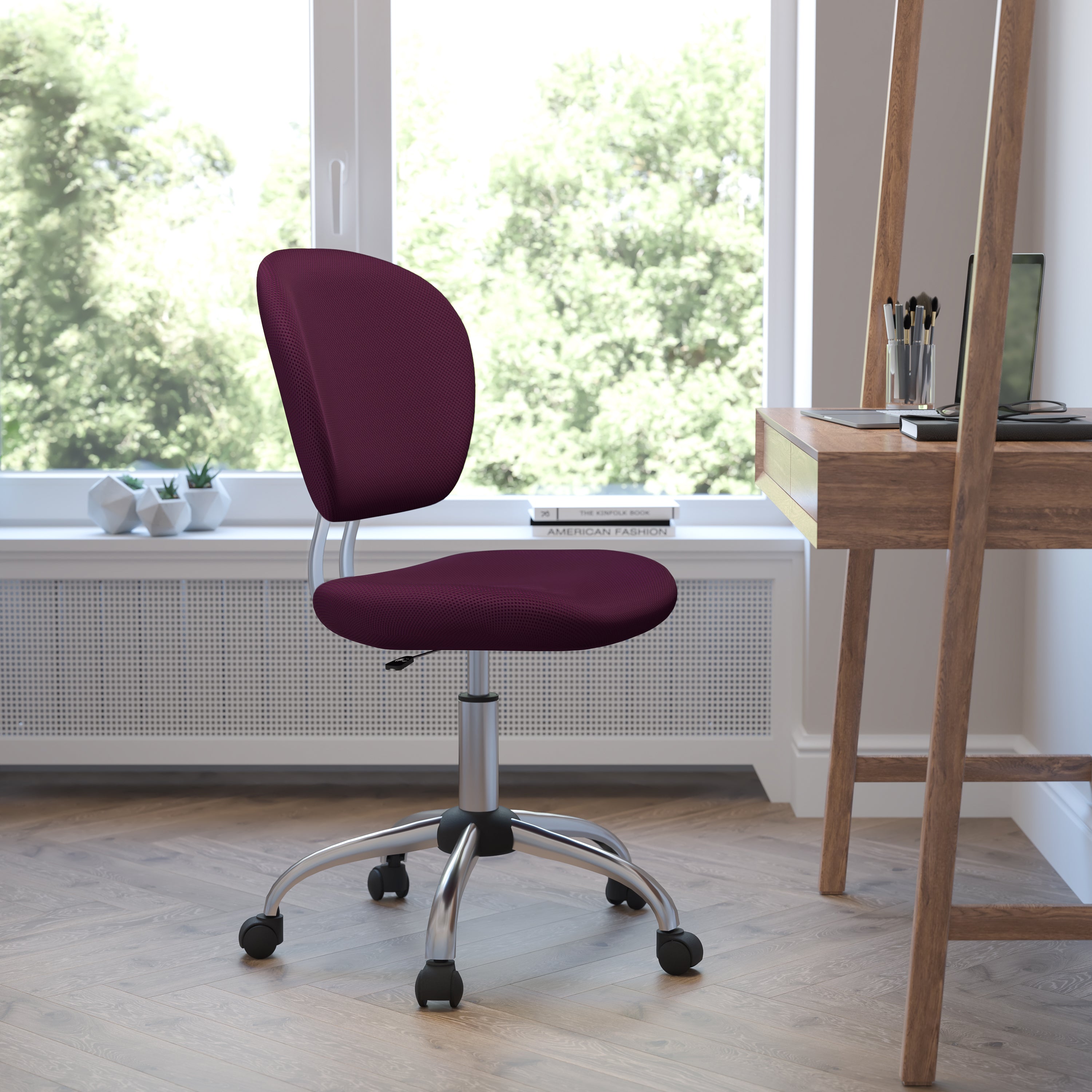 Beverly Mid-Back Burgundy Mesh Padded Swivel Task Office Chair with Chrome Base