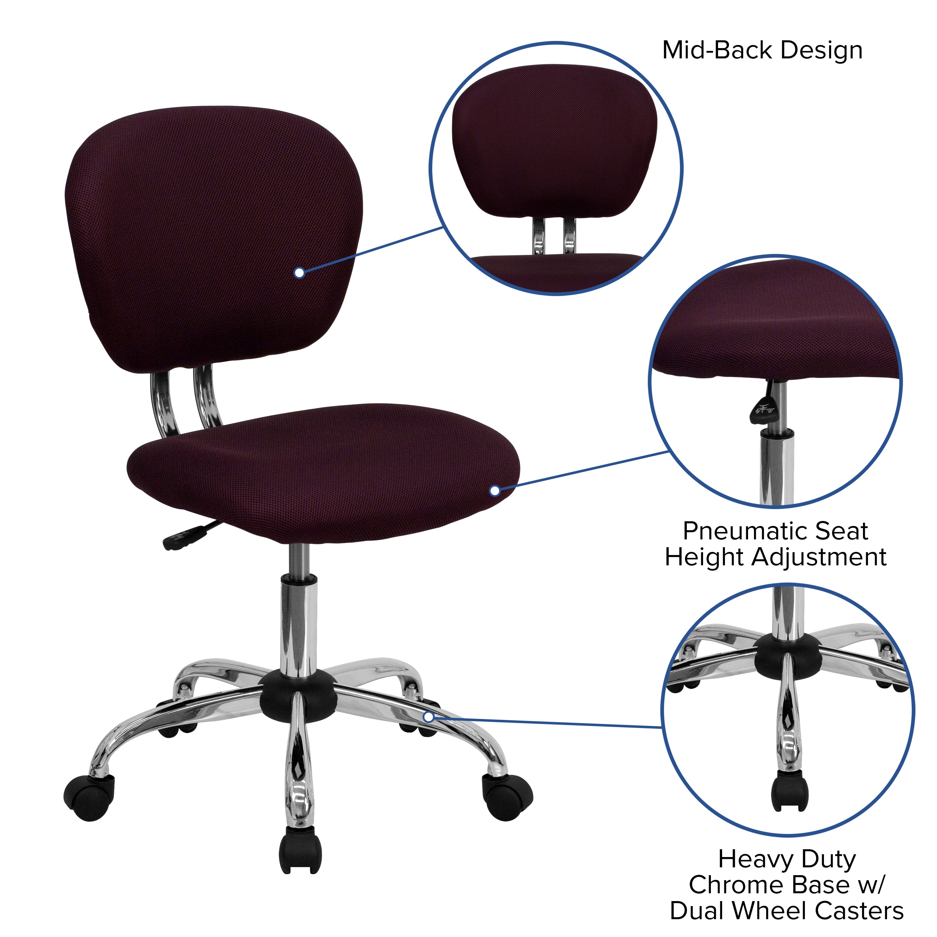 Beverly Mid-Back Burgundy Mesh Padded Swivel Task Office Chair with Chrome Base