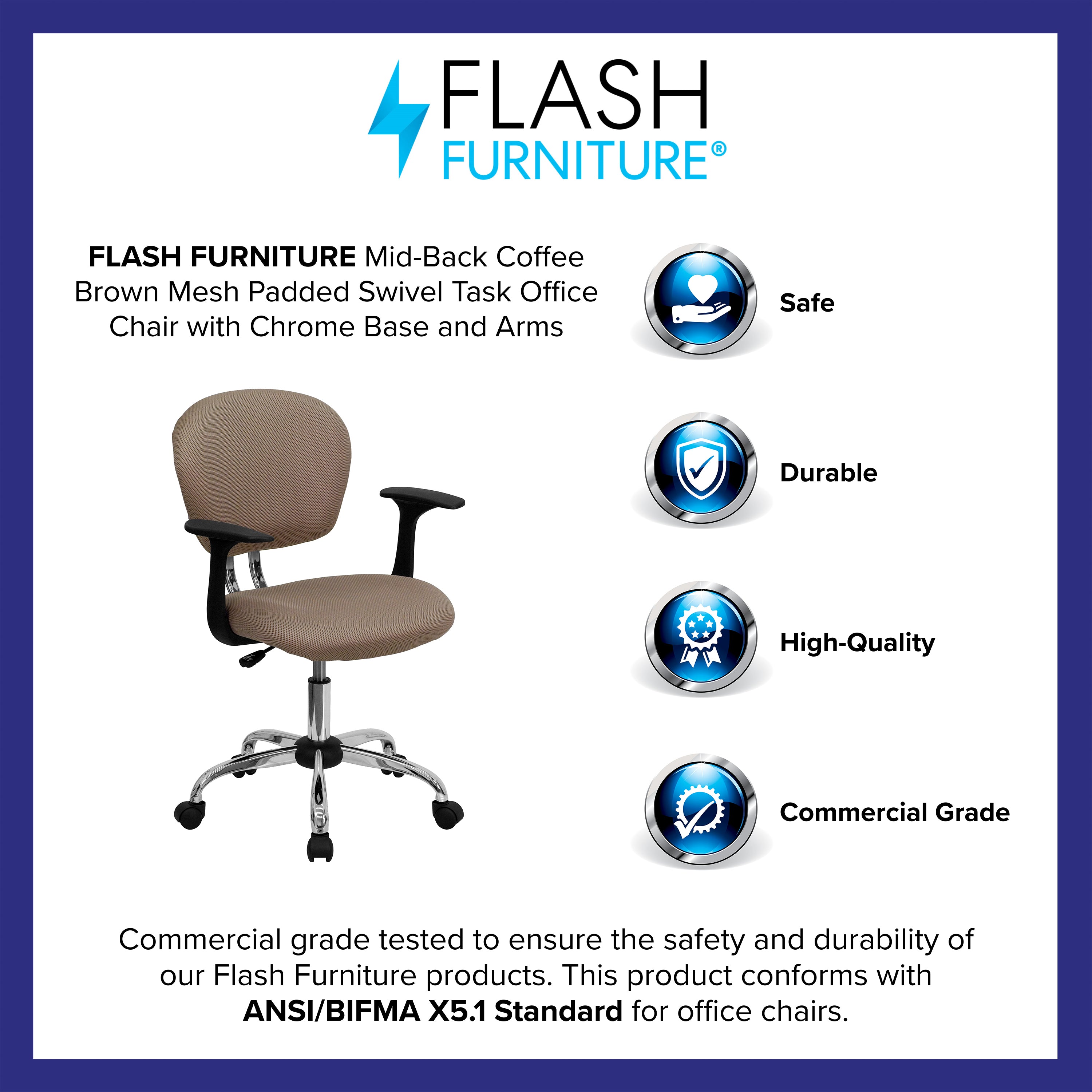 Beverly Mid-Back Coffee Brown Mesh Padded Swivel Task Office Chair with Chrome Base and Arms