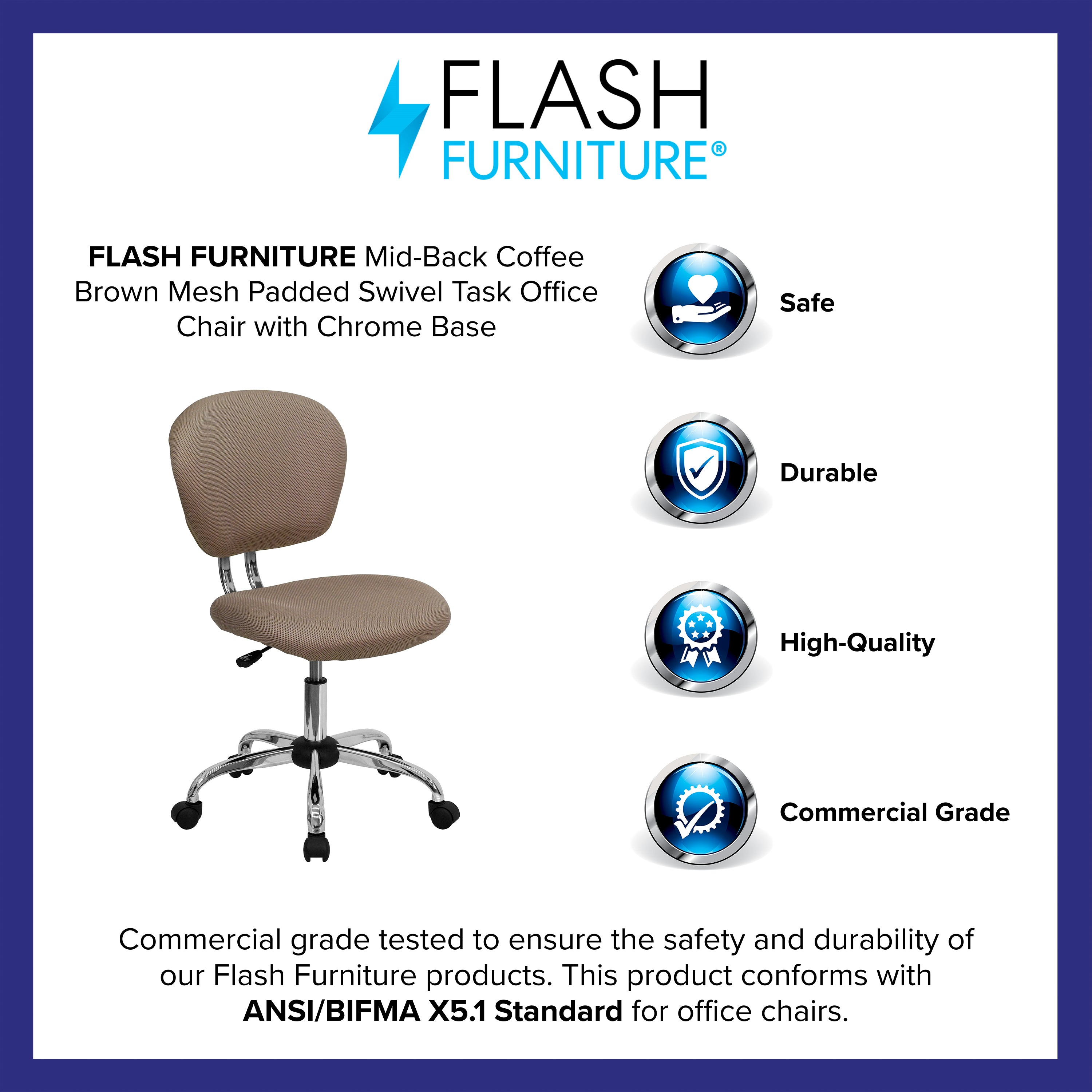Beverly Mid-Back Coffee Brown Mesh Padded Swivel Task Office Chair with Chrome Base