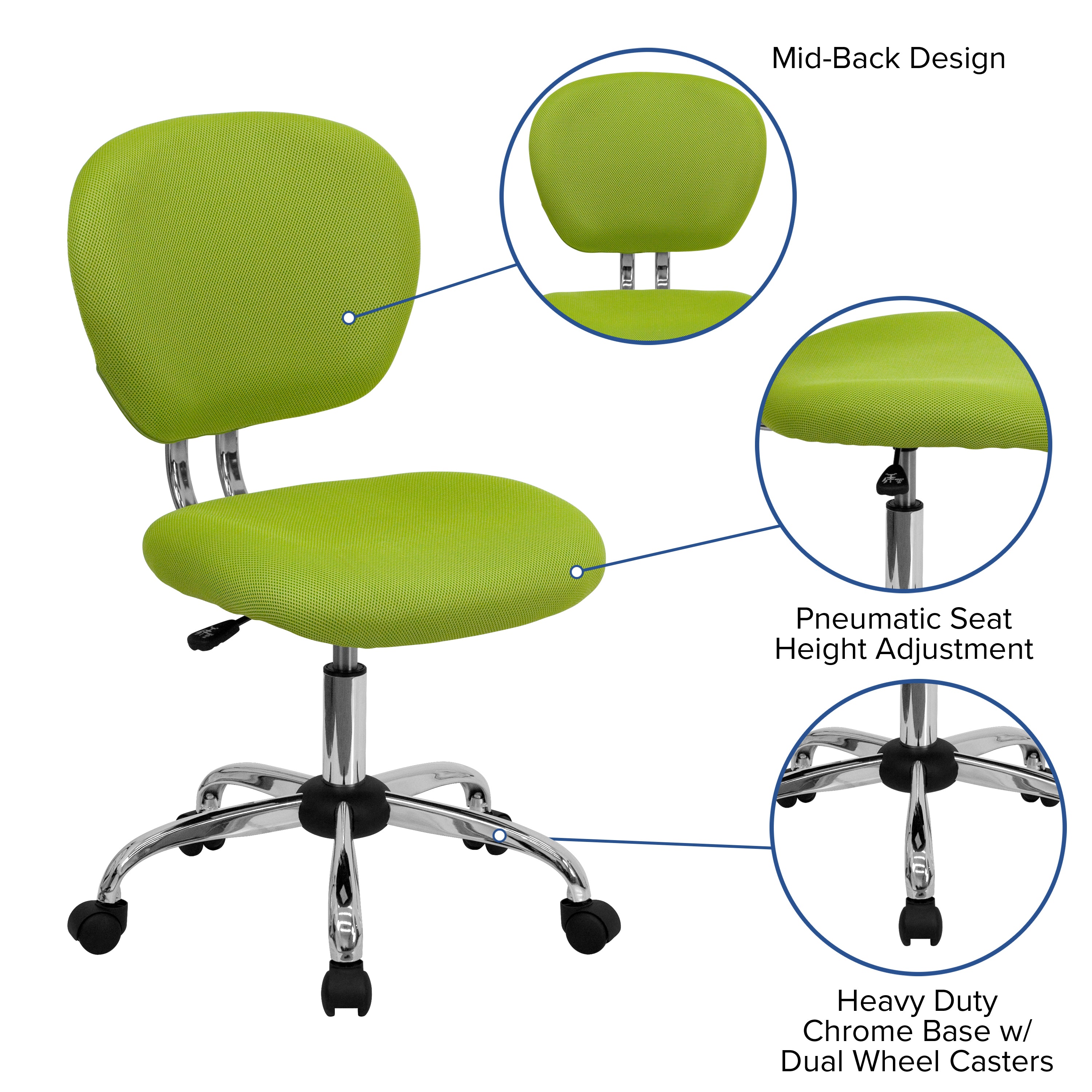 Beverly Mid-Back Apple Green Mesh Padded Swivel Task Office Chair with Chrome Base
