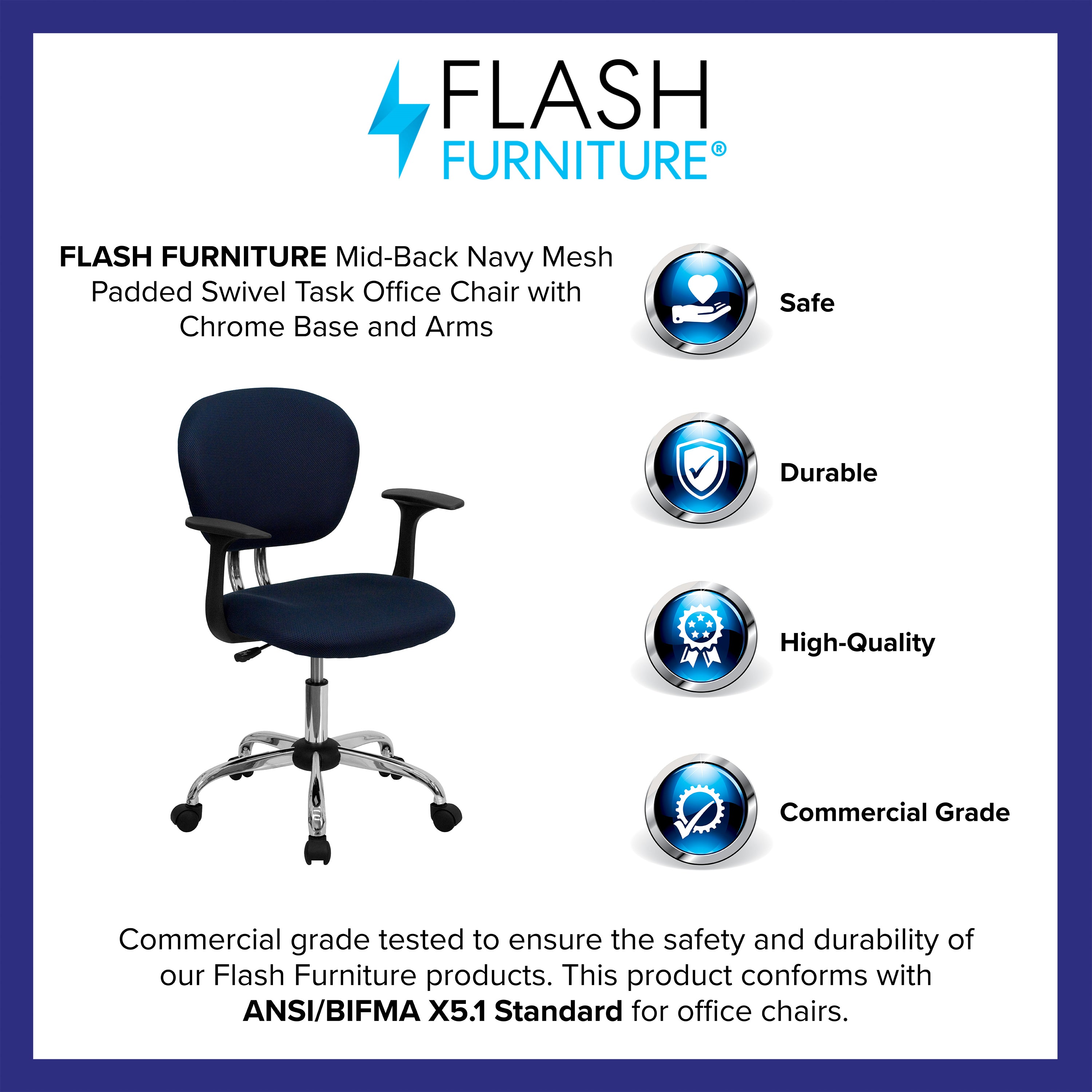 Beverly Mid-Back Navy Mesh Padded Swivel Task Office Chair with Chrome Base and Arms