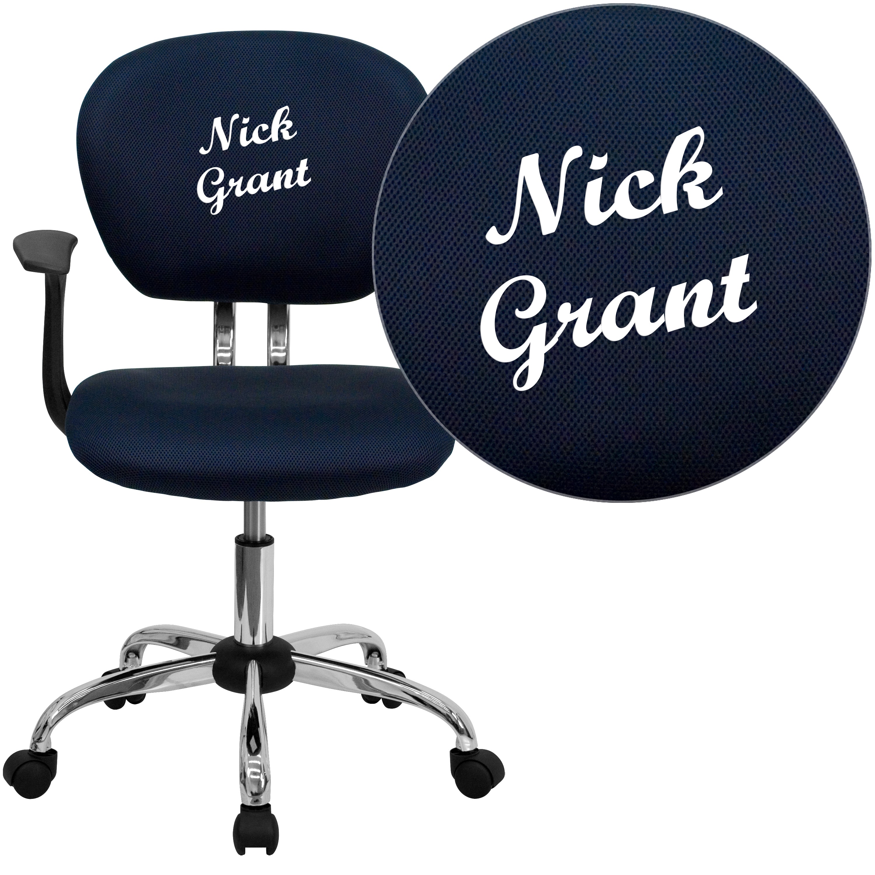 Beverly Personalized Mid-Back Navy Mesh Swivel Task Office Chair with Chrome Base and Arms