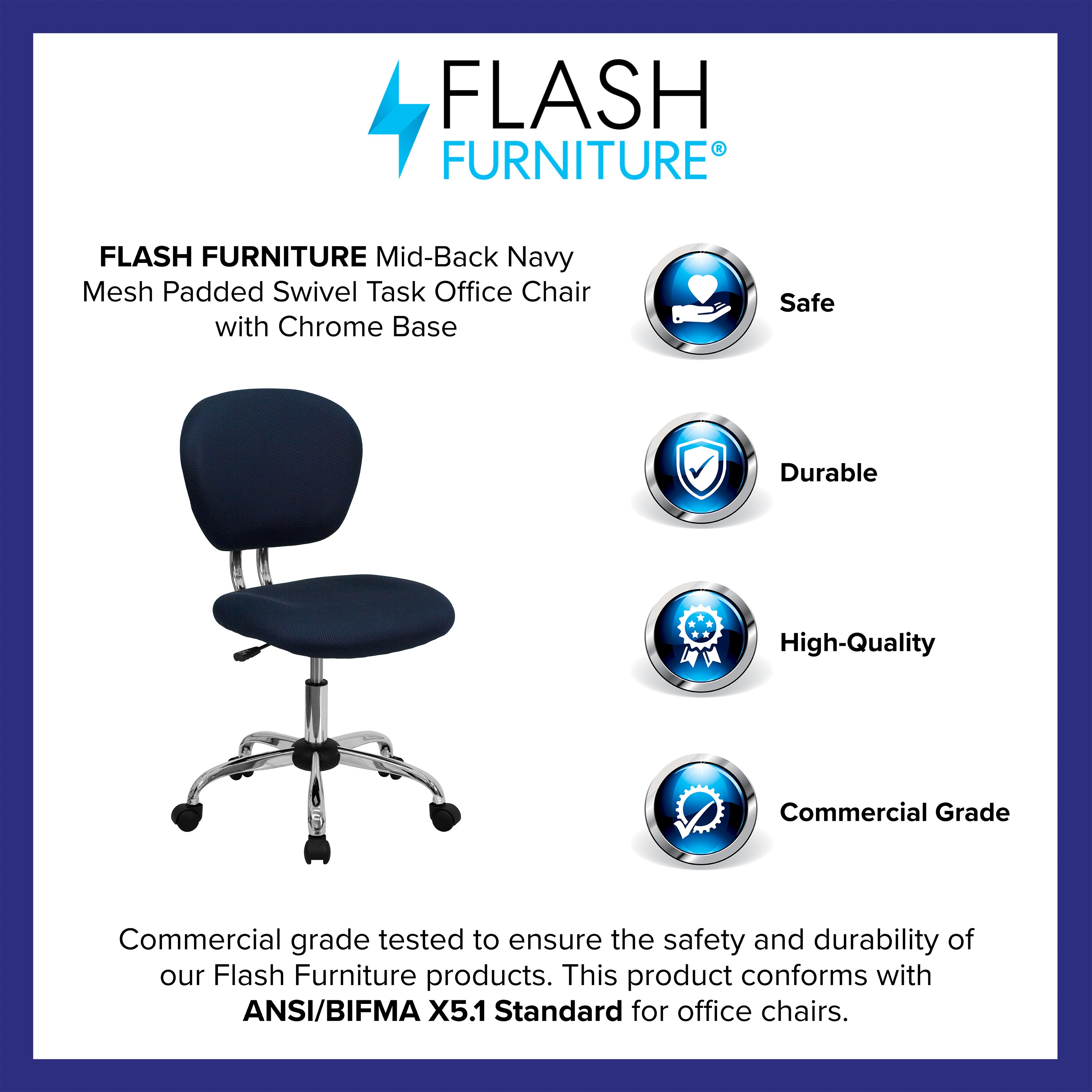 Beverly Mid-Back Navy Mesh Padded Swivel Task Office Chair with Chrome Base