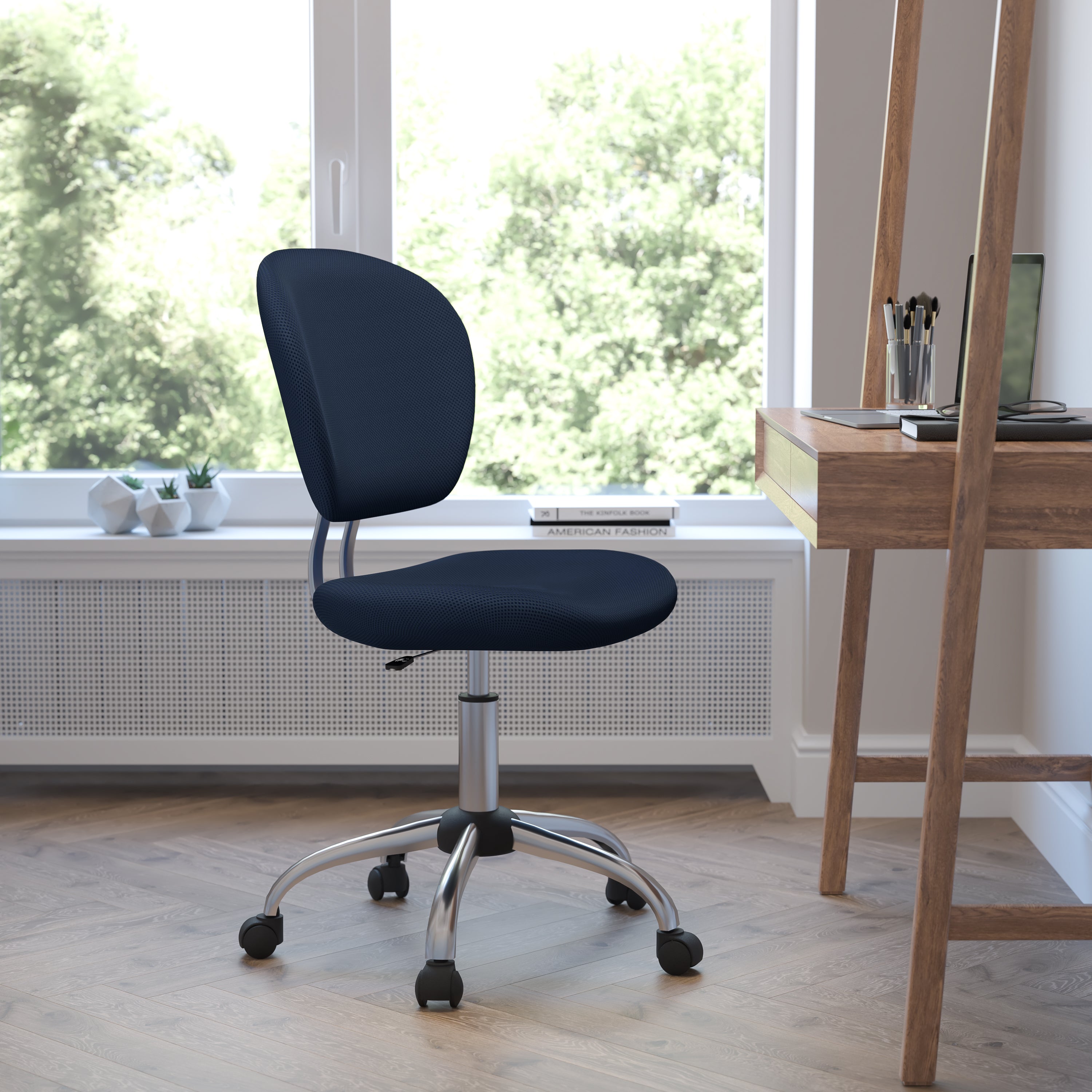 Beverly Mid-Back Navy Mesh Padded Swivel Task Office Chair with Chrome Base