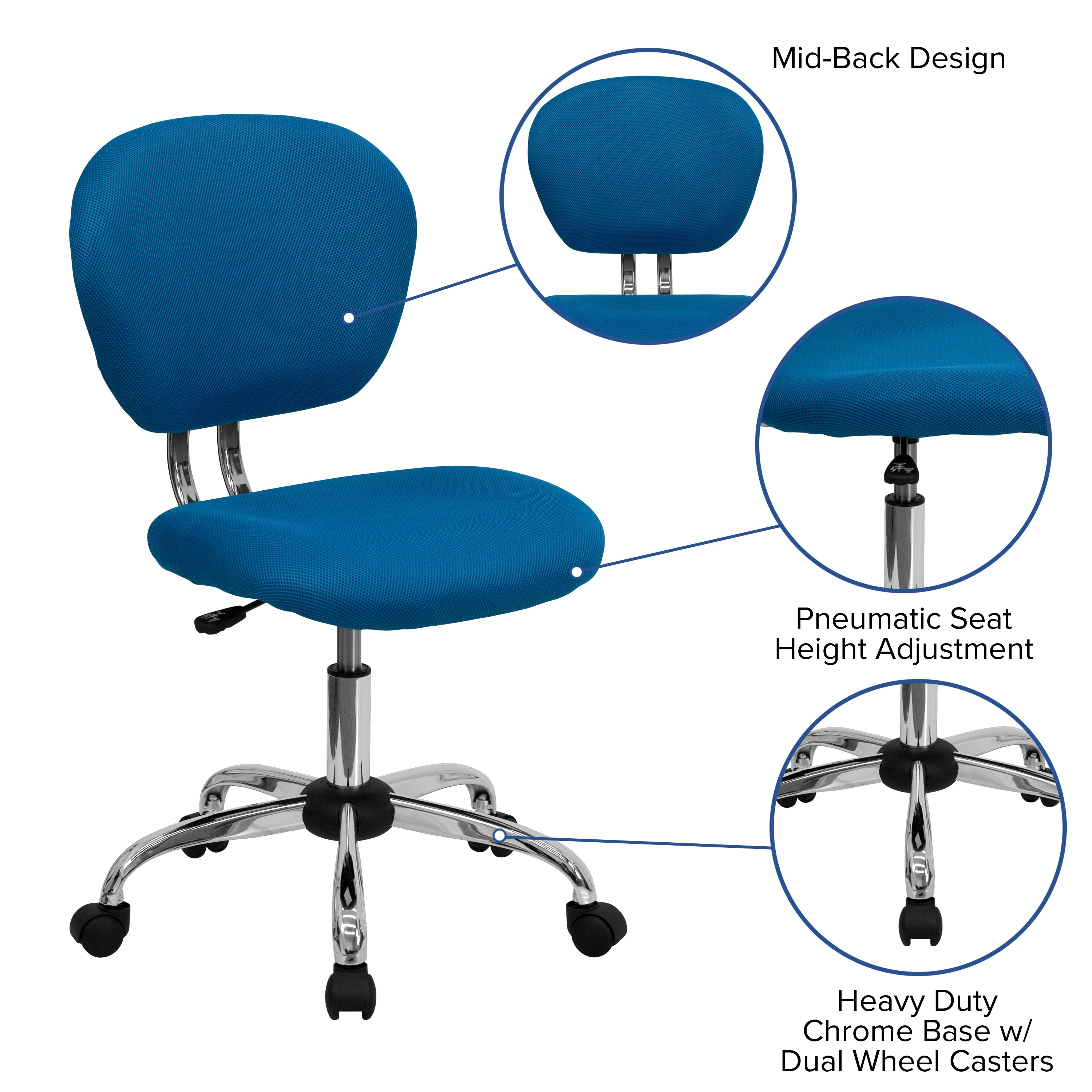 Beverly Mid-Back Turquoise Mesh Padded Swivel Task Office Chair with Chrome Base