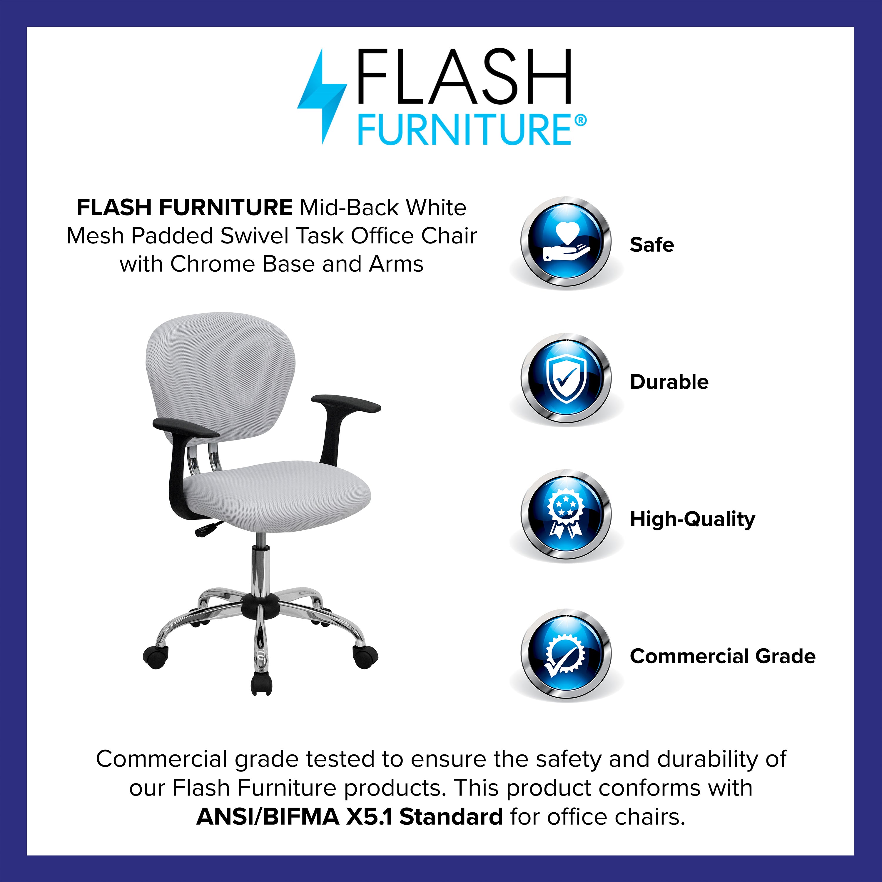 Beverly Mid-Back White Mesh Padded Swivel Task Office Chair with Chrome Base and Arms