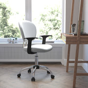 Beverly Mid-Back White Mesh Padded Swivel Task Office Chair with Chrome Base and Arms