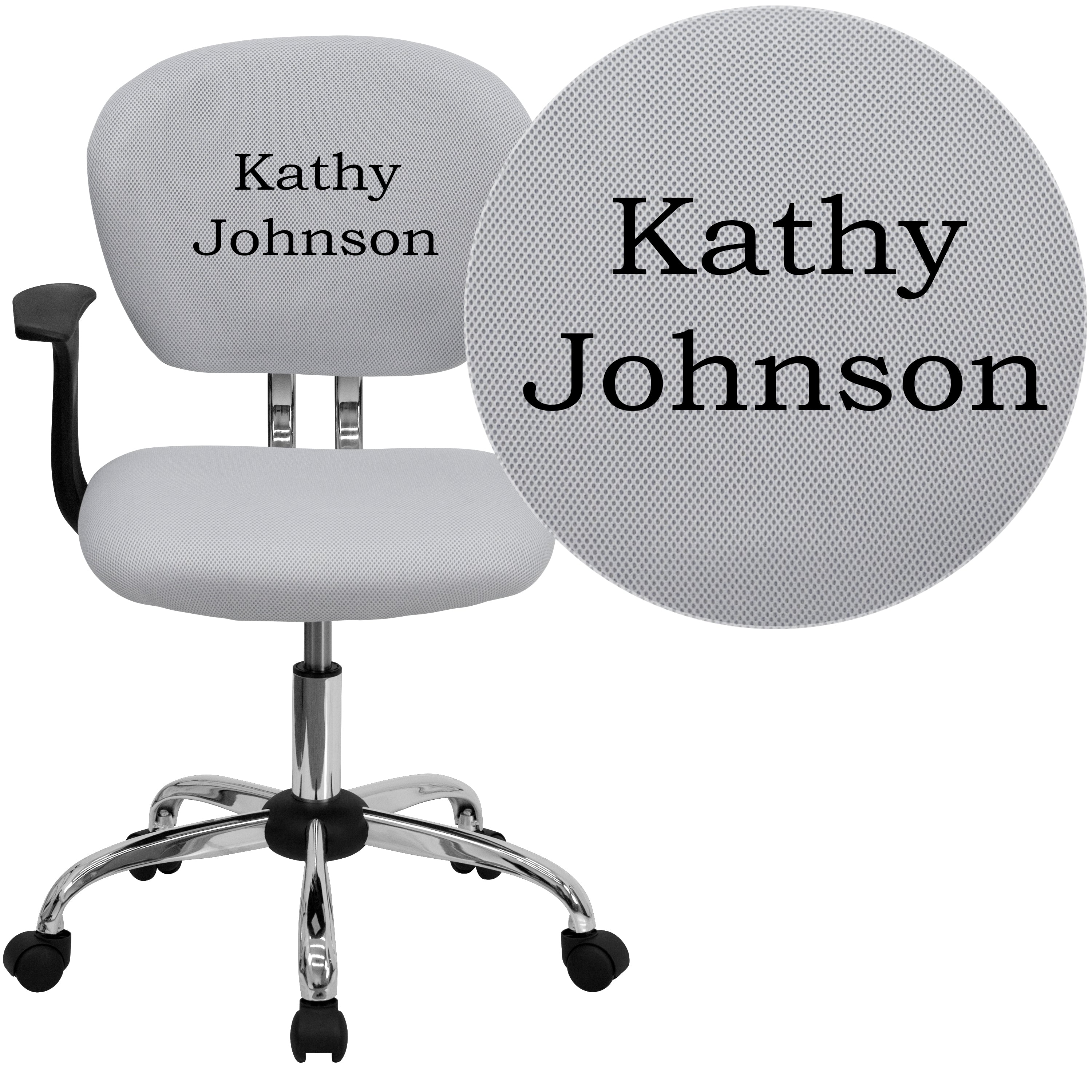 Beverly Personalized Mid-Back White Mesh Swivel Task Office Chair with Chrome Base and Arms