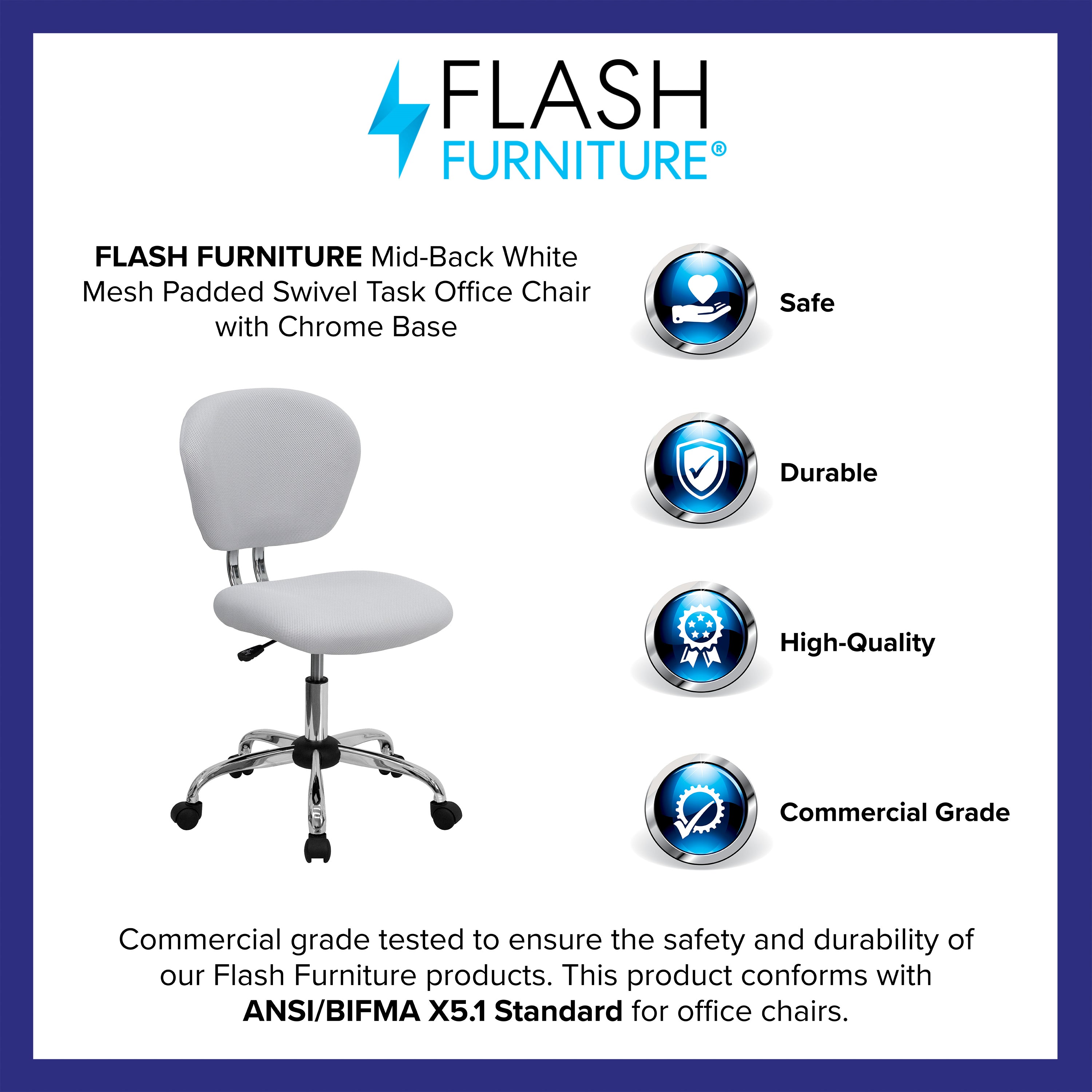 Beverly Mid-Back White Mesh Padded Swivel Task Office Chair with Chrome Base