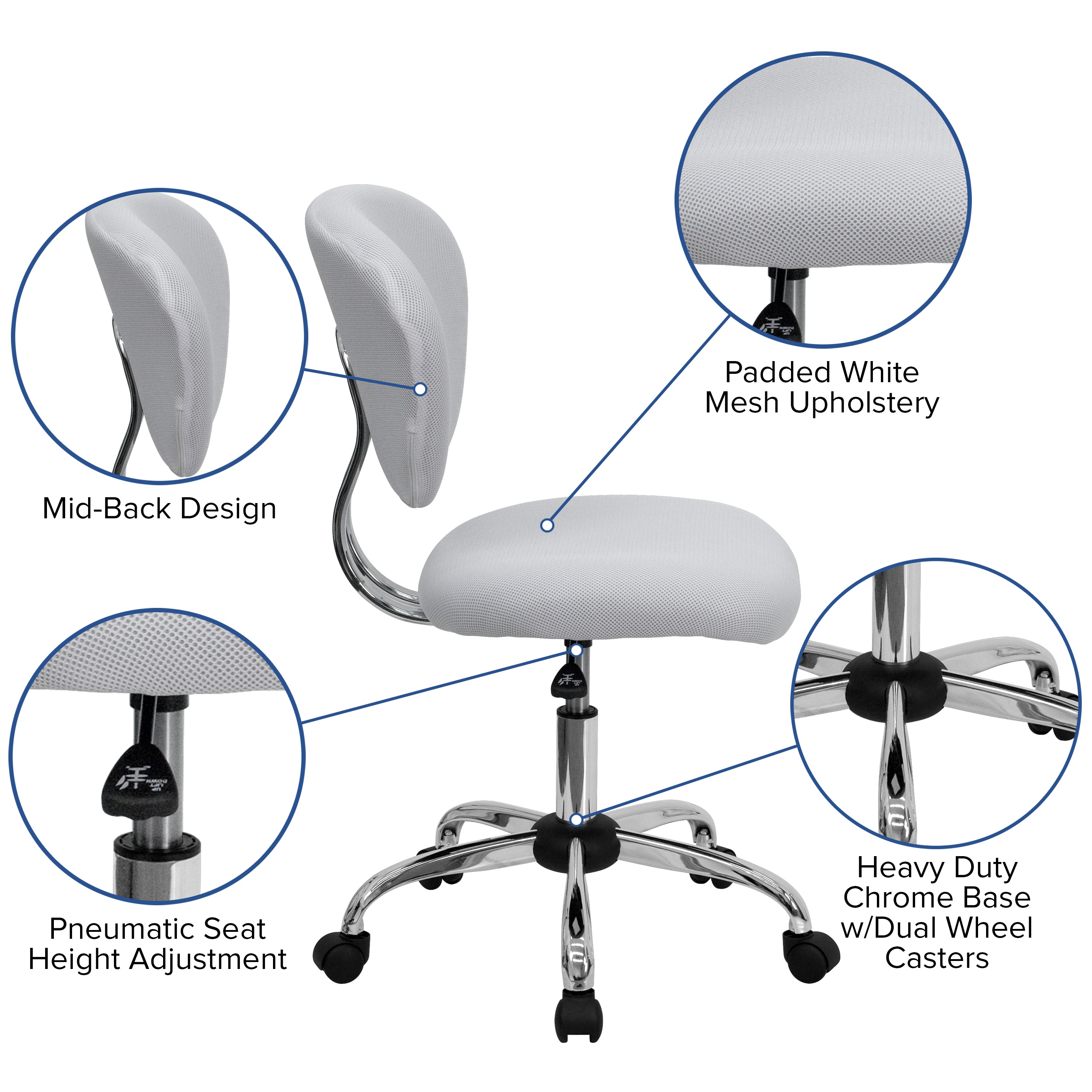 Beverly Mid-Back White Mesh Padded Swivel Task Office Chair with Chrome Base