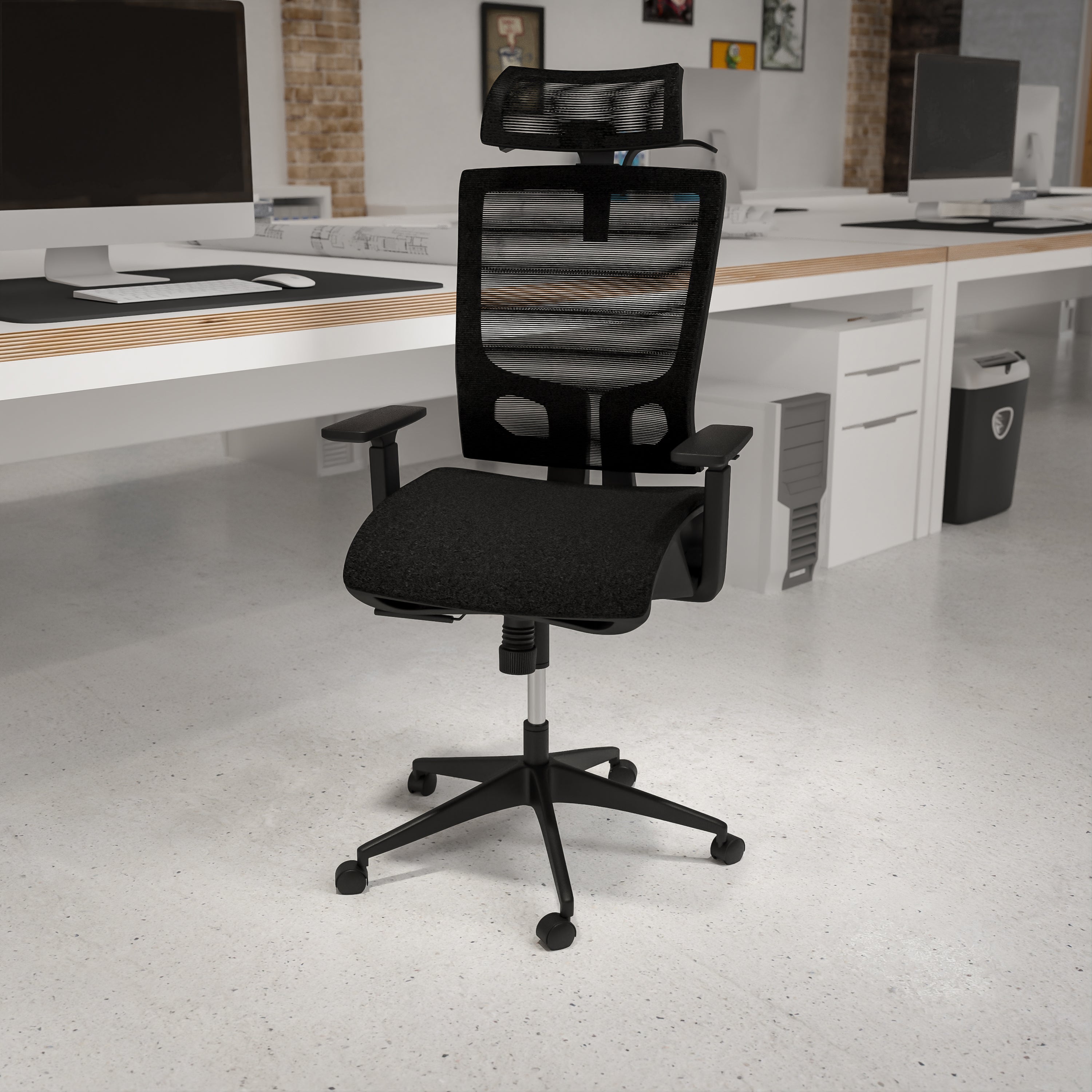 Layla Ergonomic Mesh Office Chair with Synchro-Tilt, Pivot Adjustable Headrest, Lumbar Support, Coat Hanger and Adjustable Arms in Black