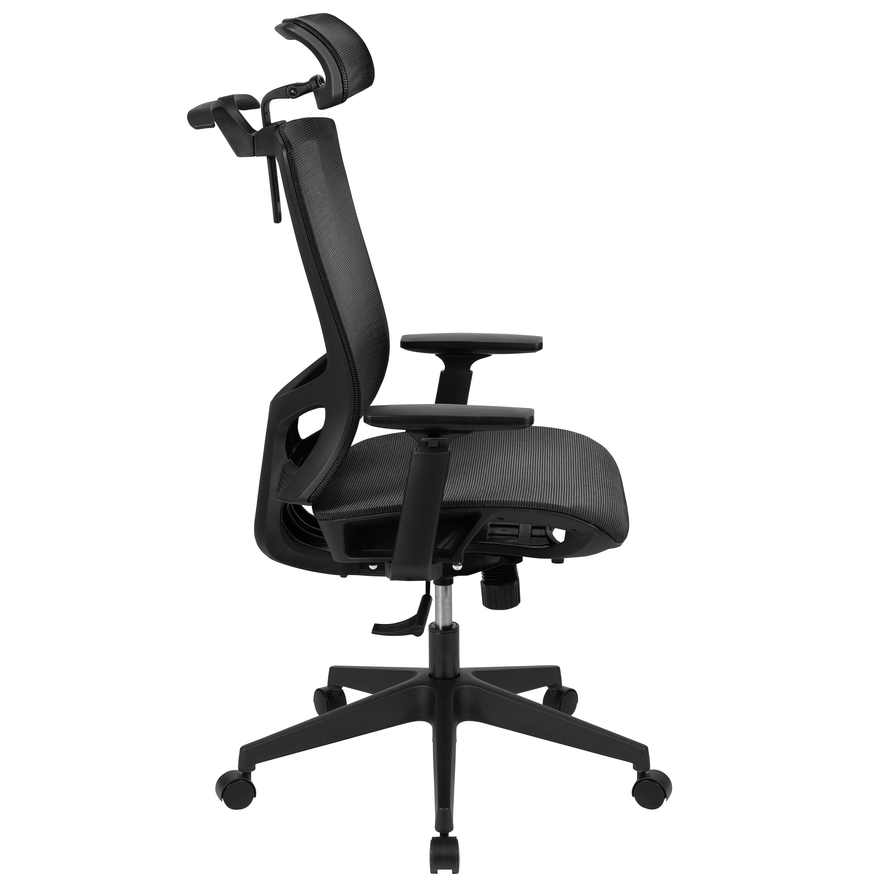 Layla Ergonomic Mesh Office Chair with Synchro-Tilt, Pivot Adjustable Headrest, Lumbar Support, Coat Hanger and Adjustable Arms in Black