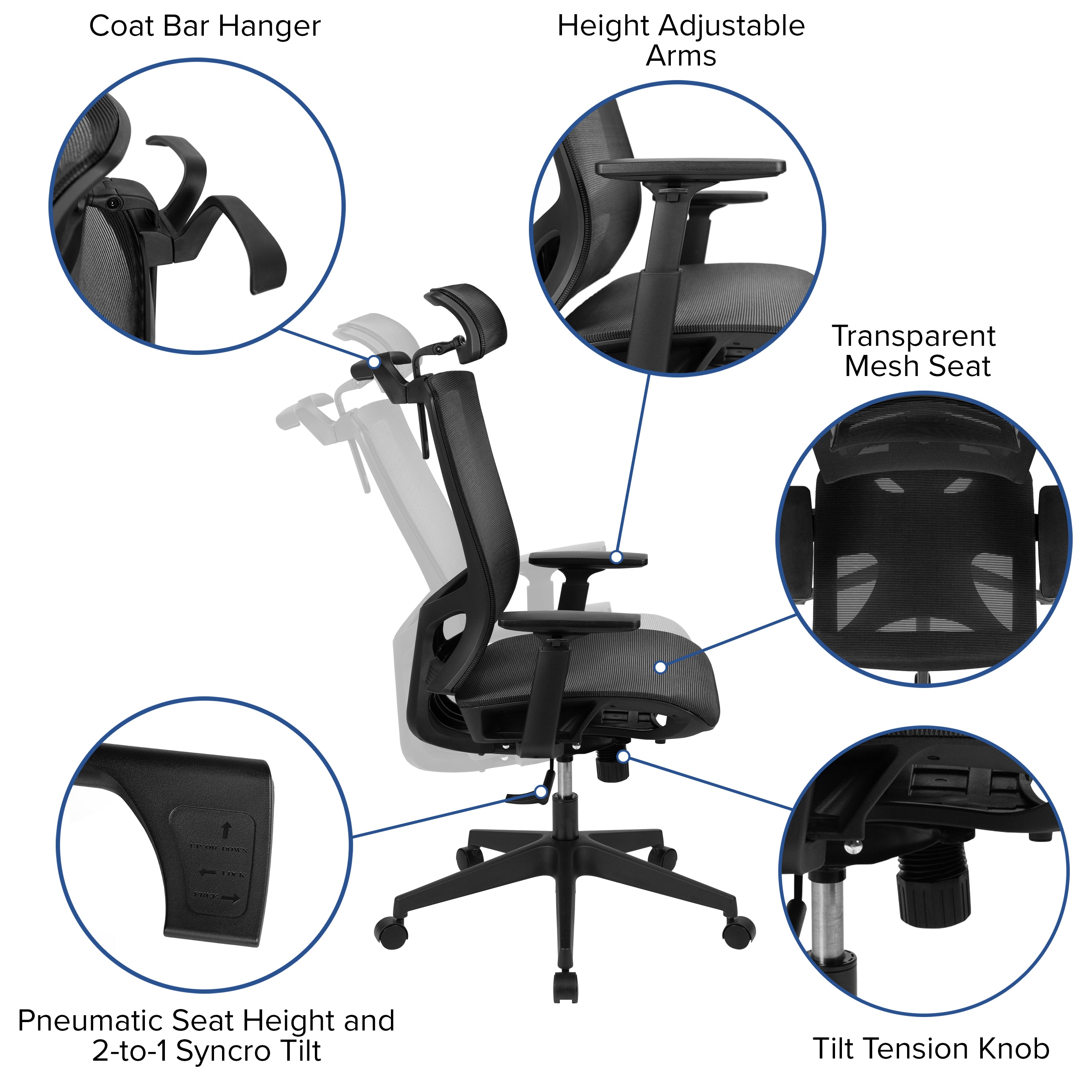 Layla Ergonomic Mesh Office Chair with Synchro-Tilt, Pivot Adjustable Headrest, Lumbar Support, Coat Hanger and Adjustable Arms in Black