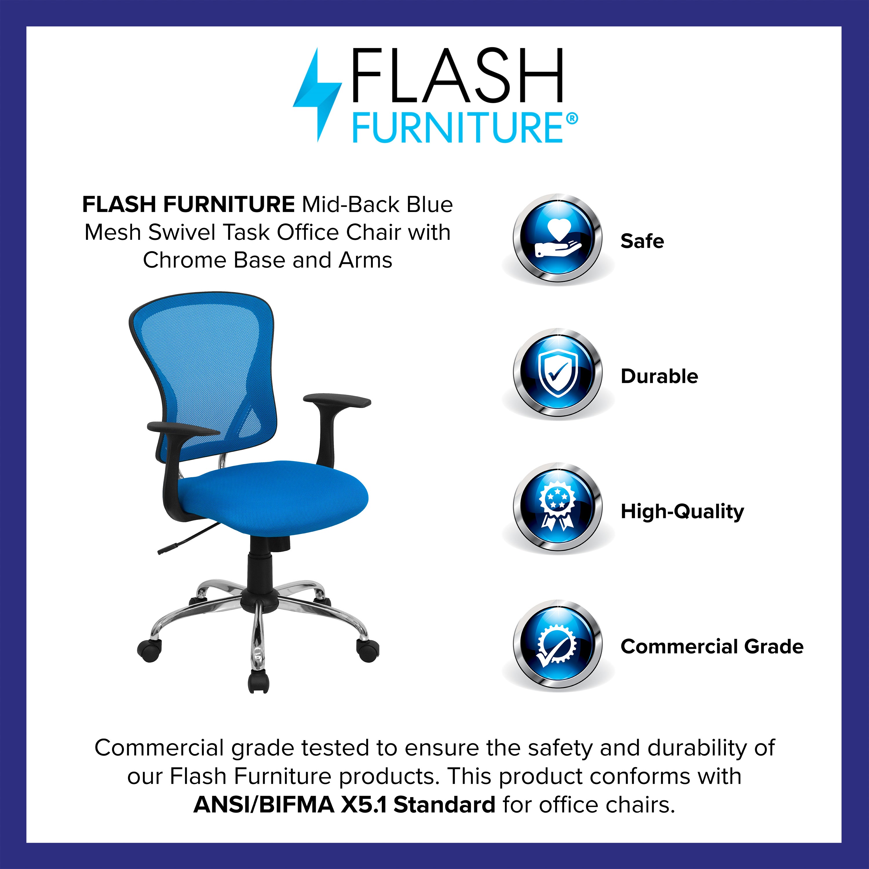 Alfred Mid-Back Blue Mesh Swivel Task Office Chair with Chrome Base and Arms