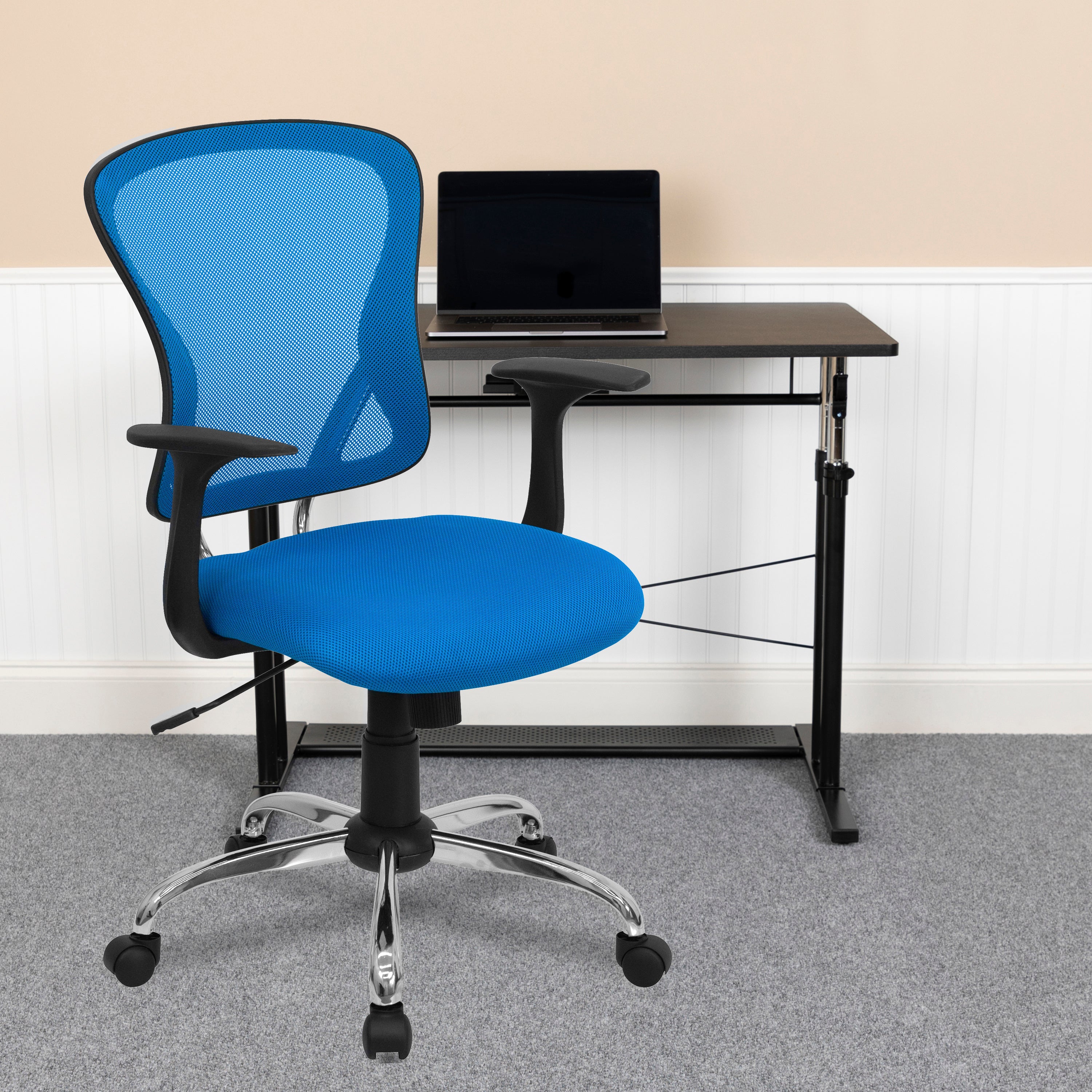 Alfred Mid-Back Blue Mesh Swivel Task Office Chair with Chrome Base and Arms