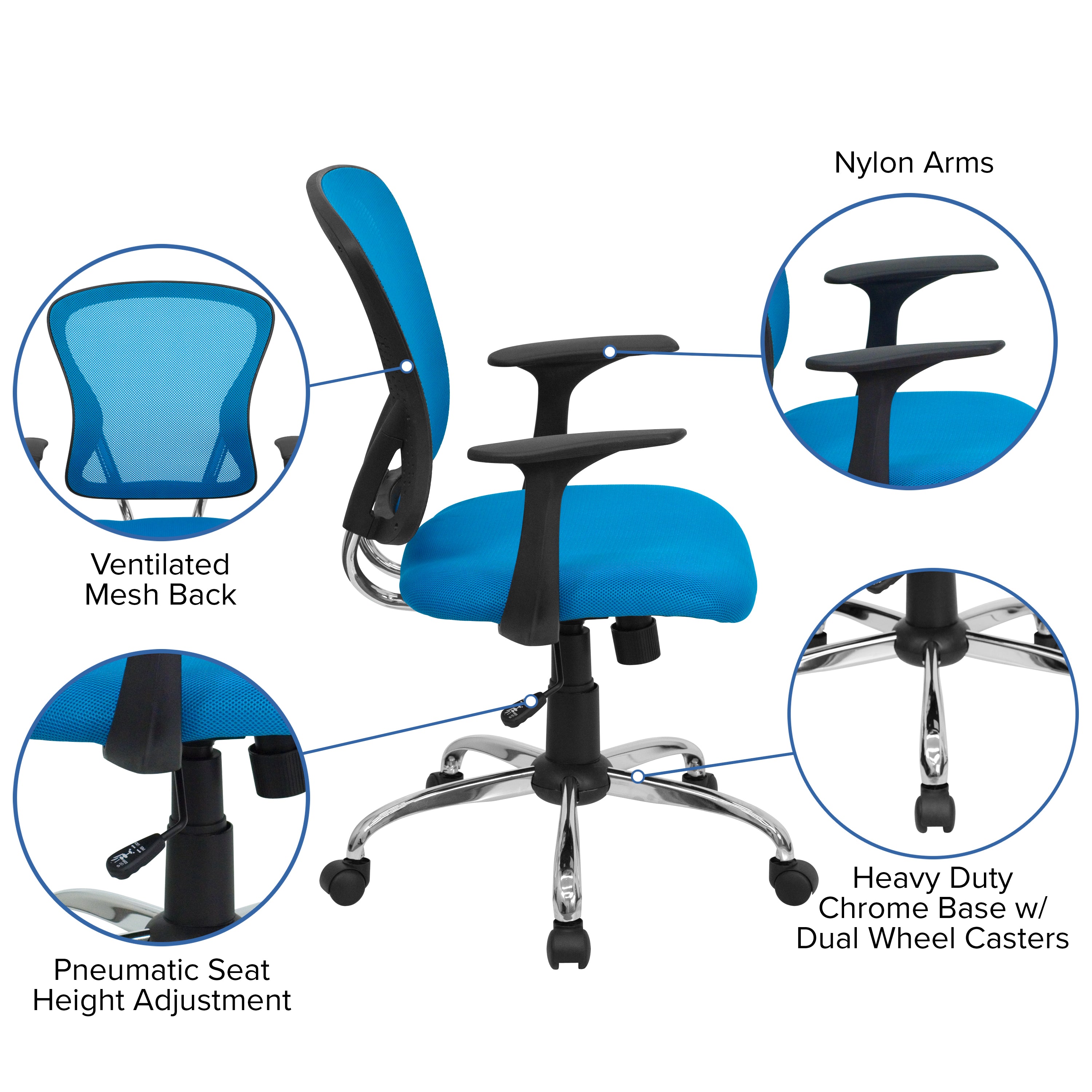 Alfred Mid-Back Blue Mesh Swivel Task Office Chair with Chrome Base and Arms
