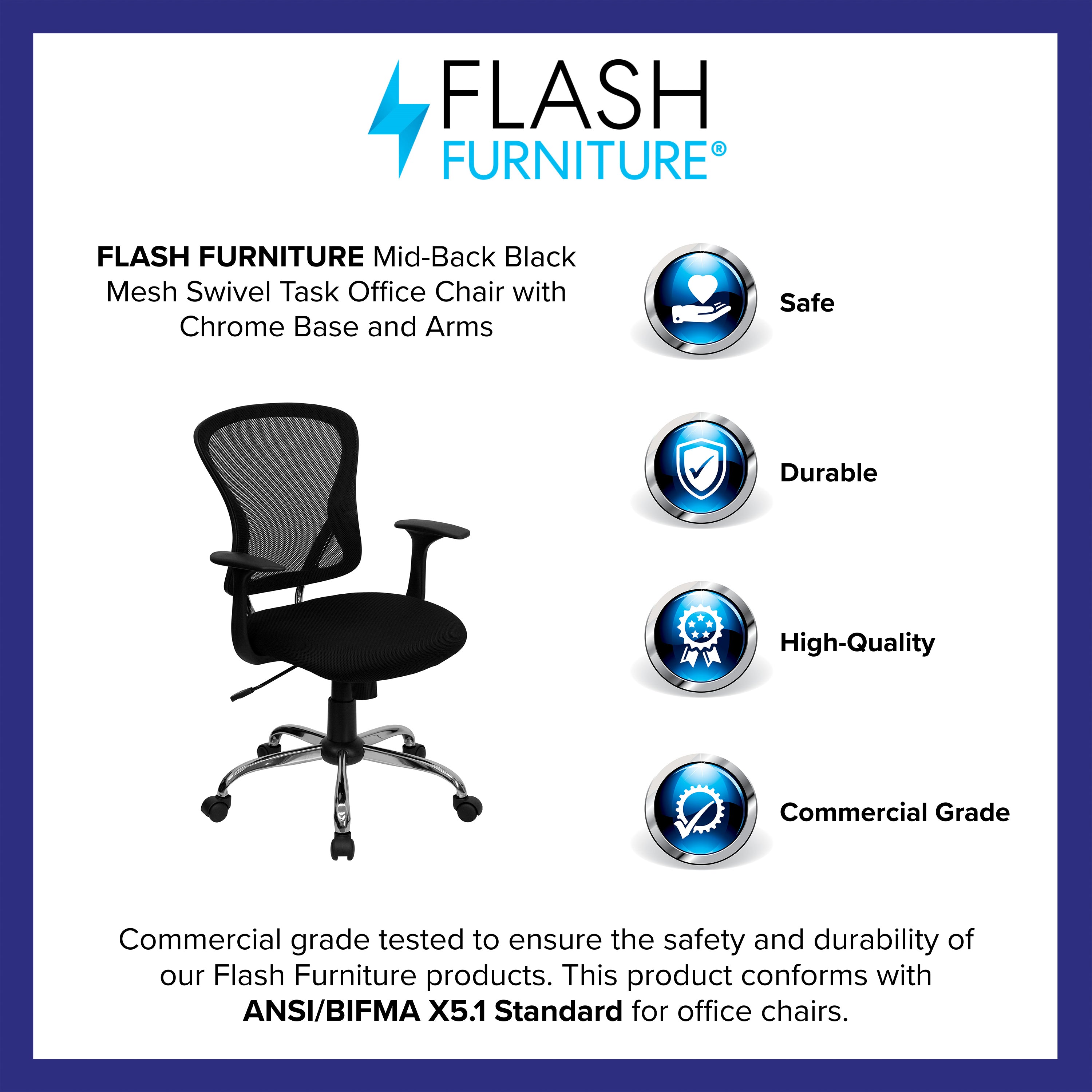 Alfred Mid-Back Black Mesh Swivel Task Office Chair with Chrome Base and Arms