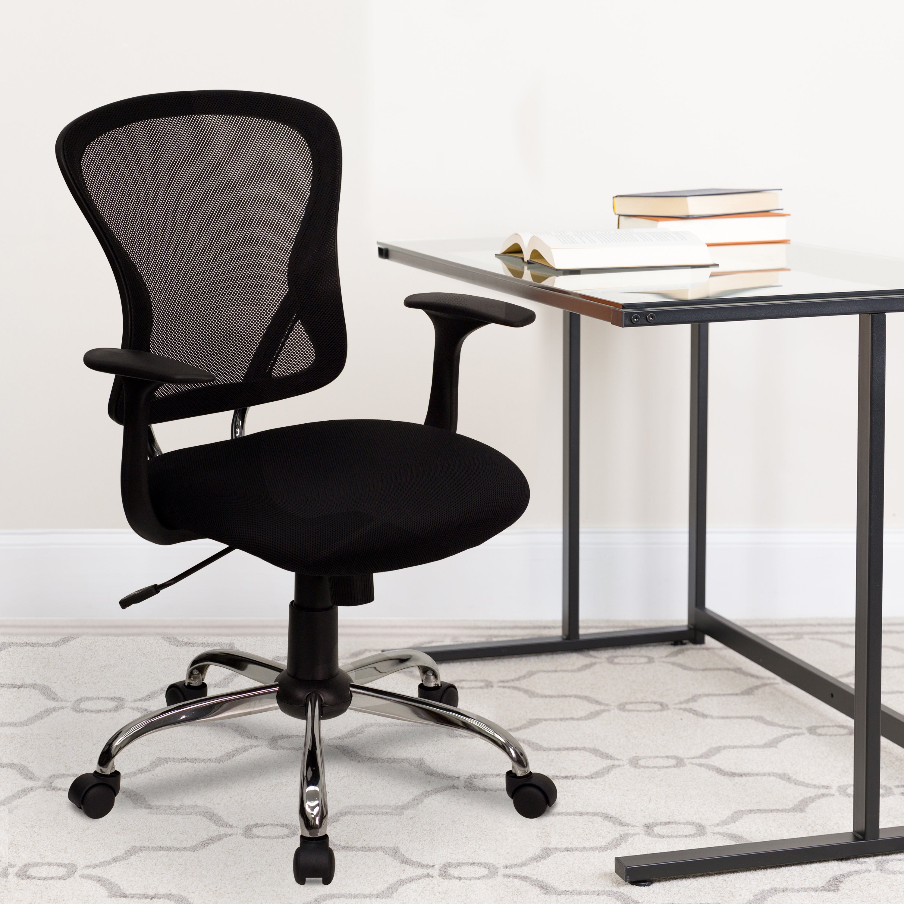 Alfred Mid-Back Black Mesh Swivel Task Office Chair with Chrome Base and Arms