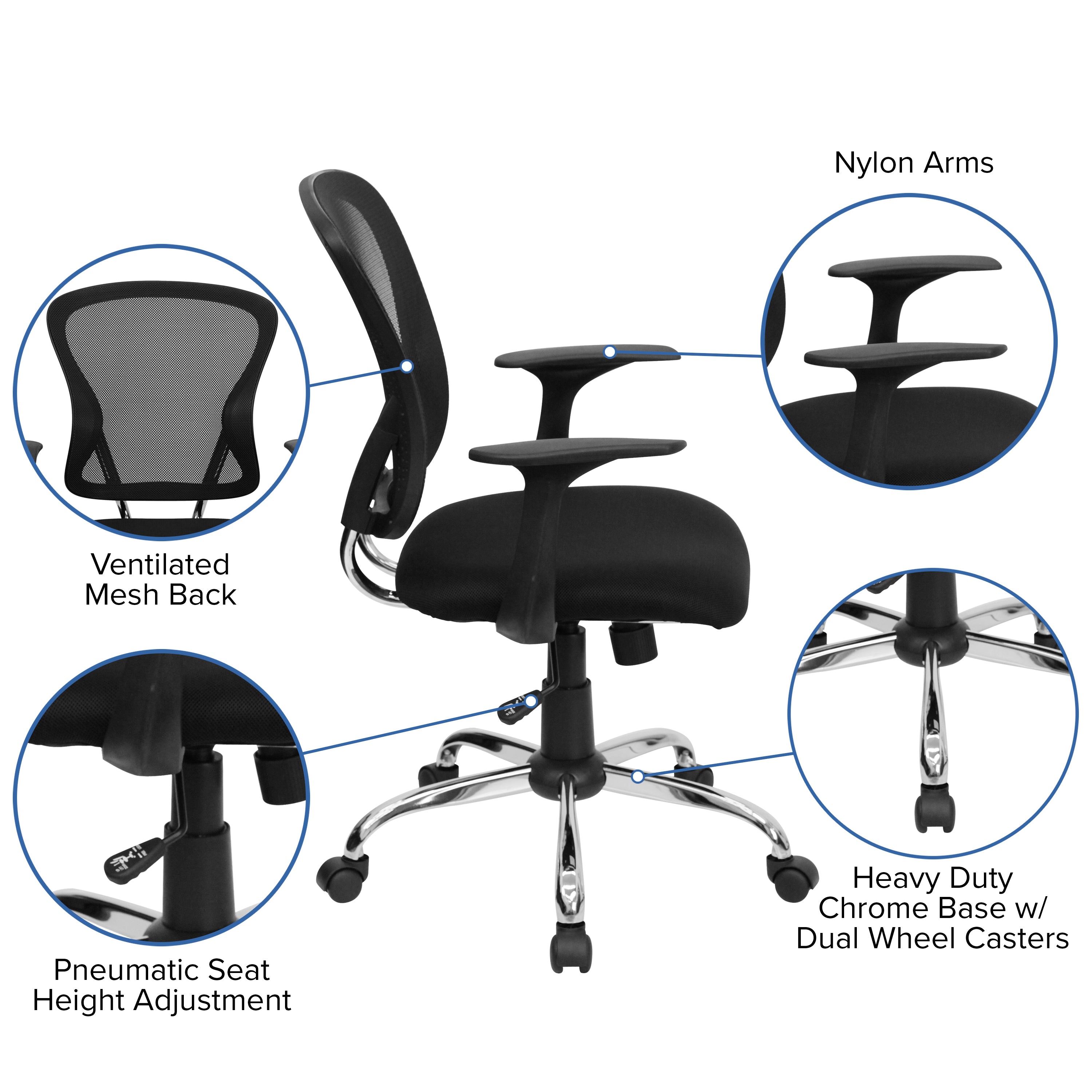 Alfred Mid-Back Black Mesh Swivel Task Office Chair with Chrome Base and Arms