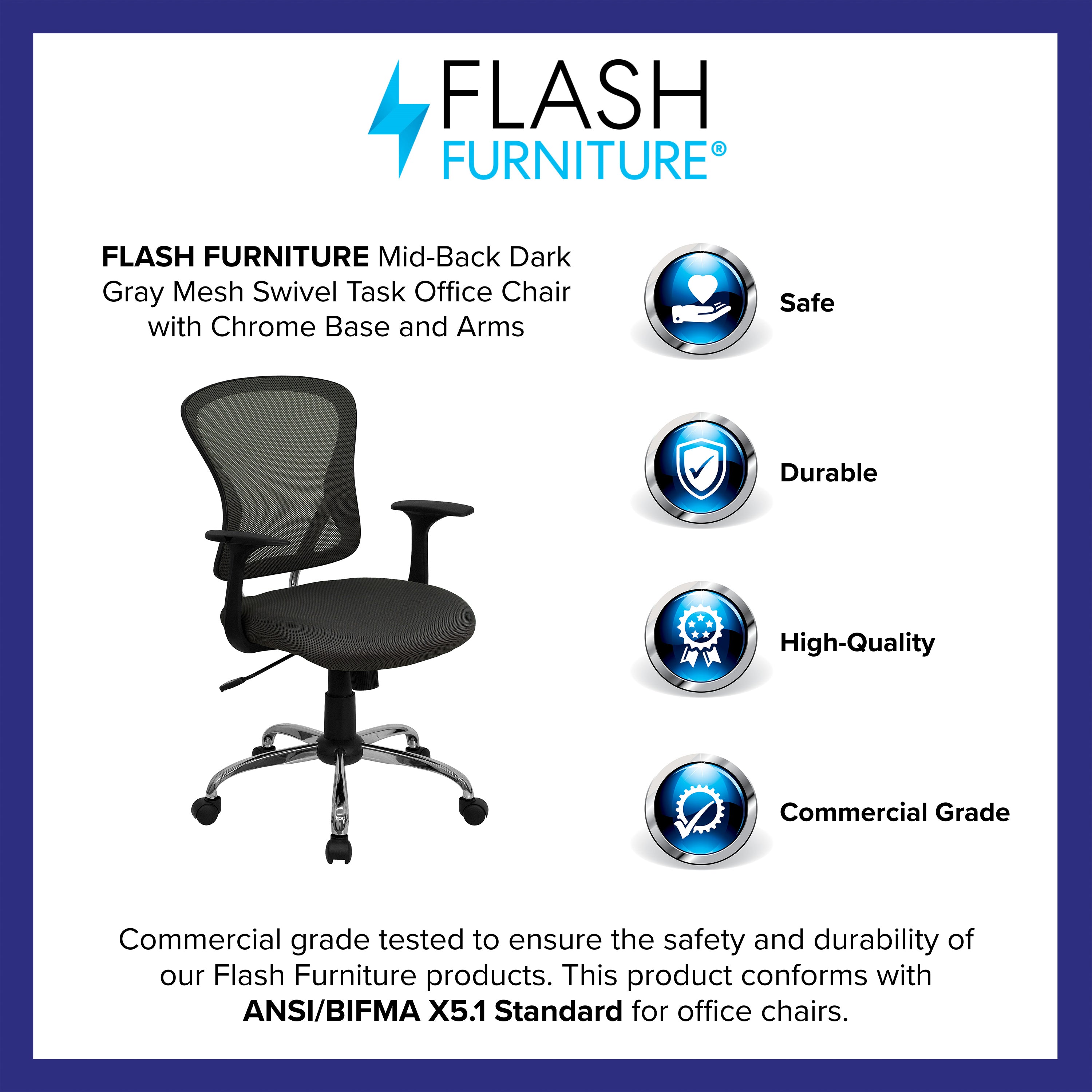 Alfred Mid-Back Dark Gray Mesh Swivel Task Office Chair with Chrome Base and Arms