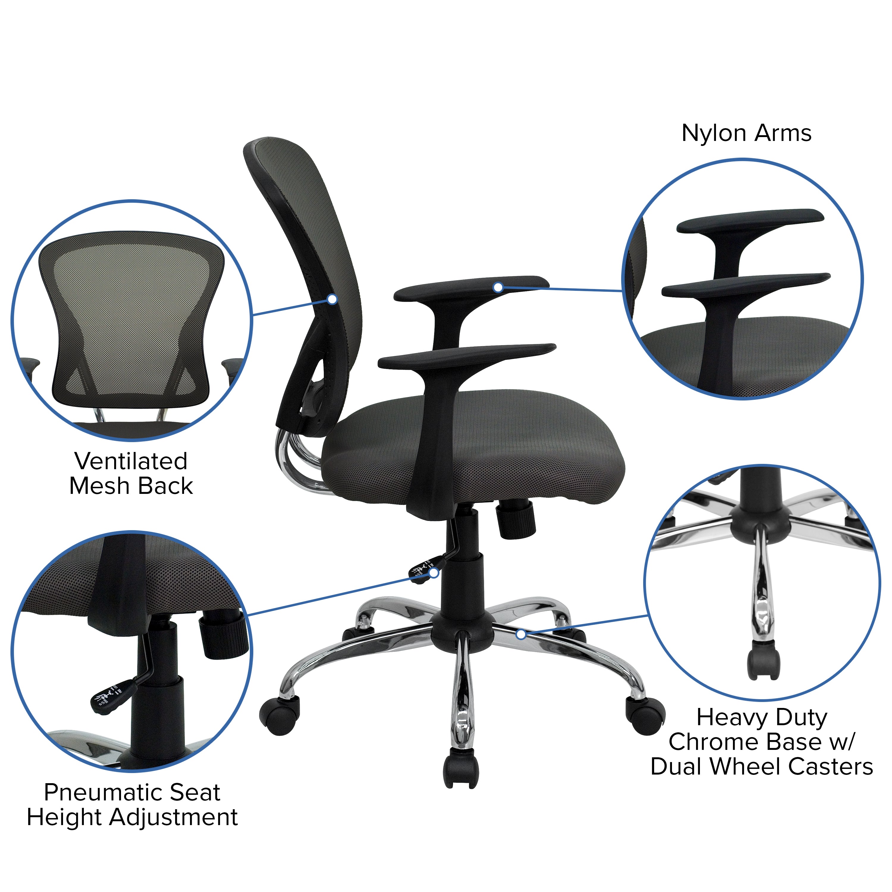 Alfred Mid-Back Dark Gray Mesh Swivel Task Office Chair with Chrome Base and Arms