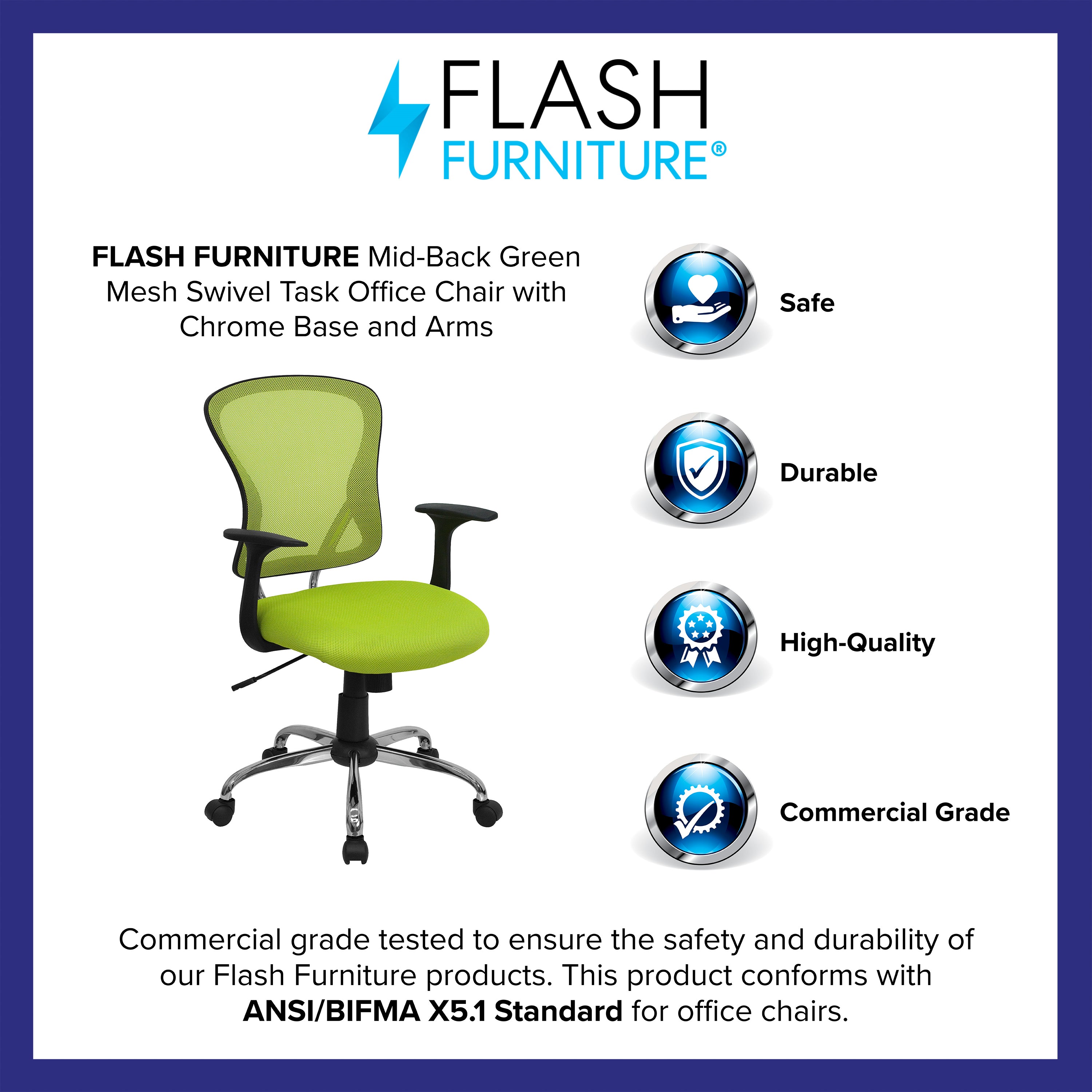 Alfred Mid-Back Green Mesh Swivel Task Office Chair with Chrome Base and Arms