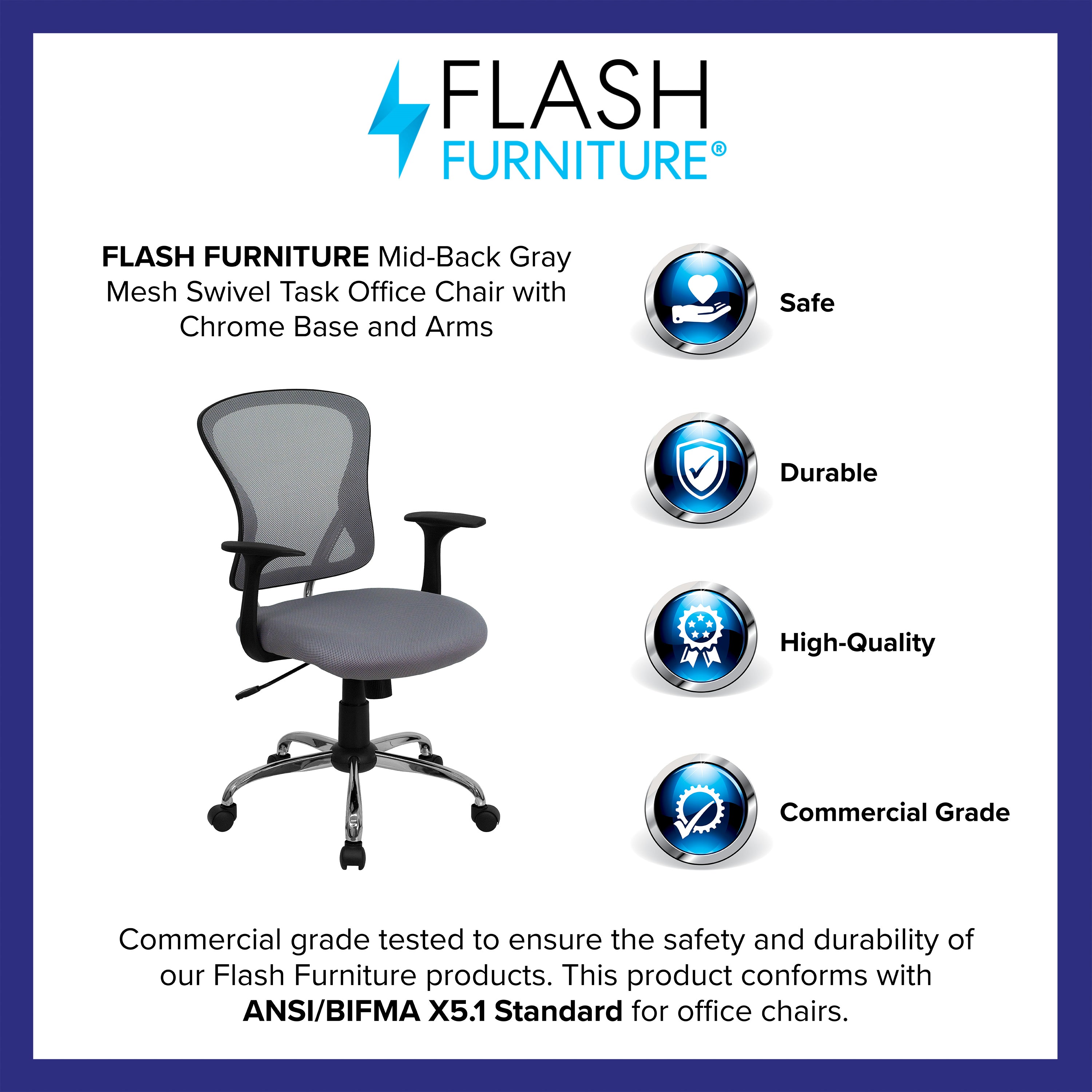 Alfred Mid-Back Gray Mesh Swivel Task Office Chair with Chrome Base and Arms