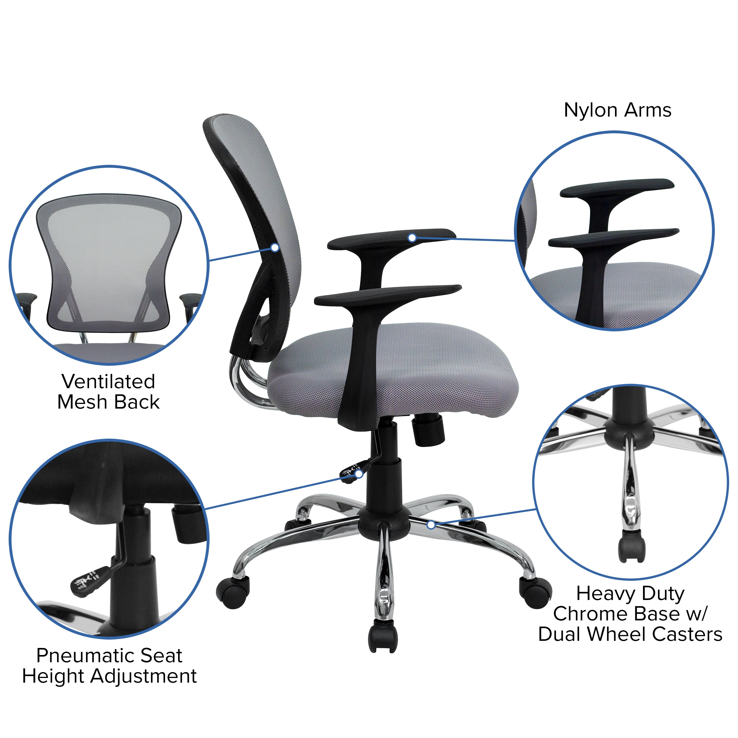 Alfred Mid-Back Gray Mesh Swivel Task Office Chair with Chrome Base and Arms