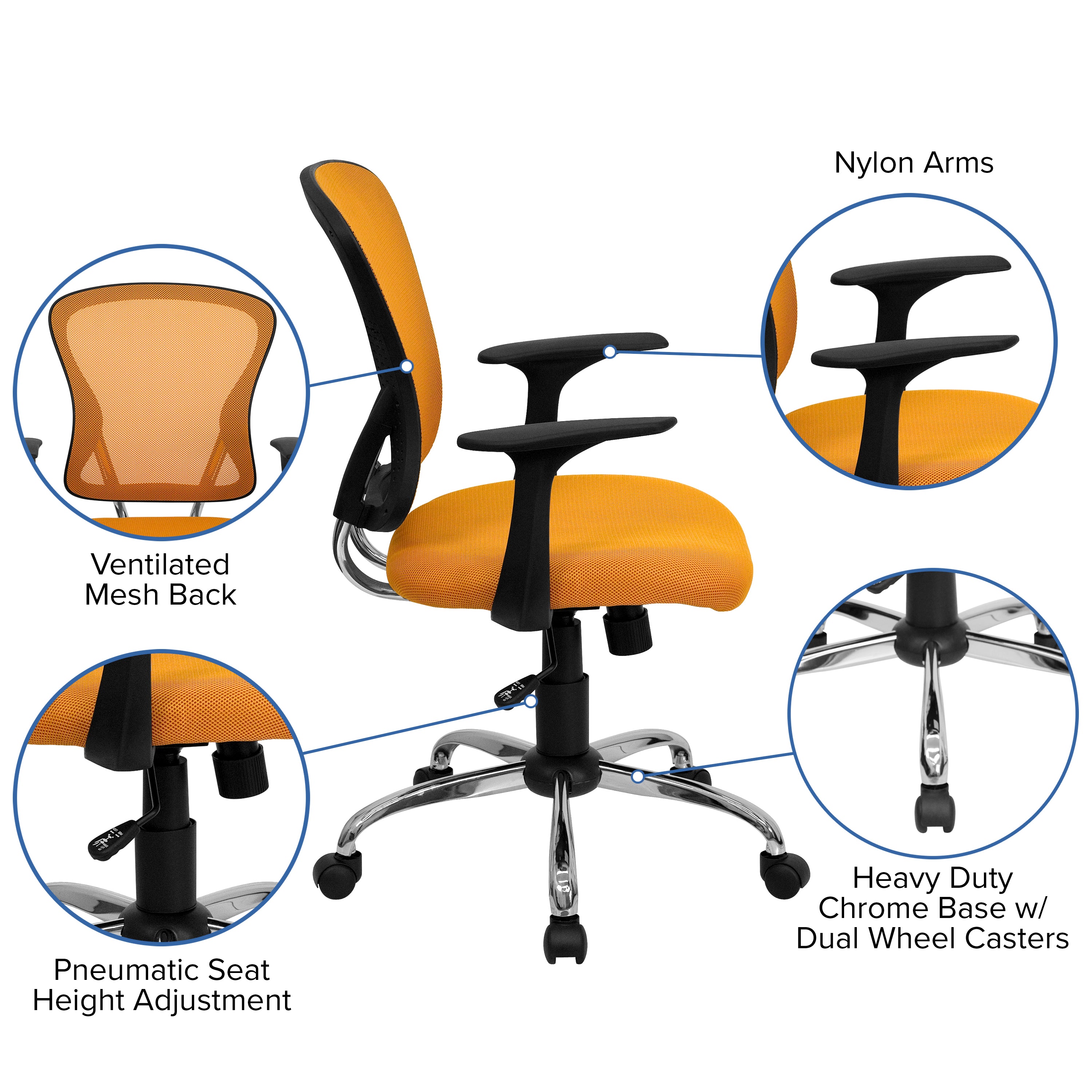 Alfred Mid-Back Orange Mesh Swivel Task Office Chair with Chrome Base and Arms