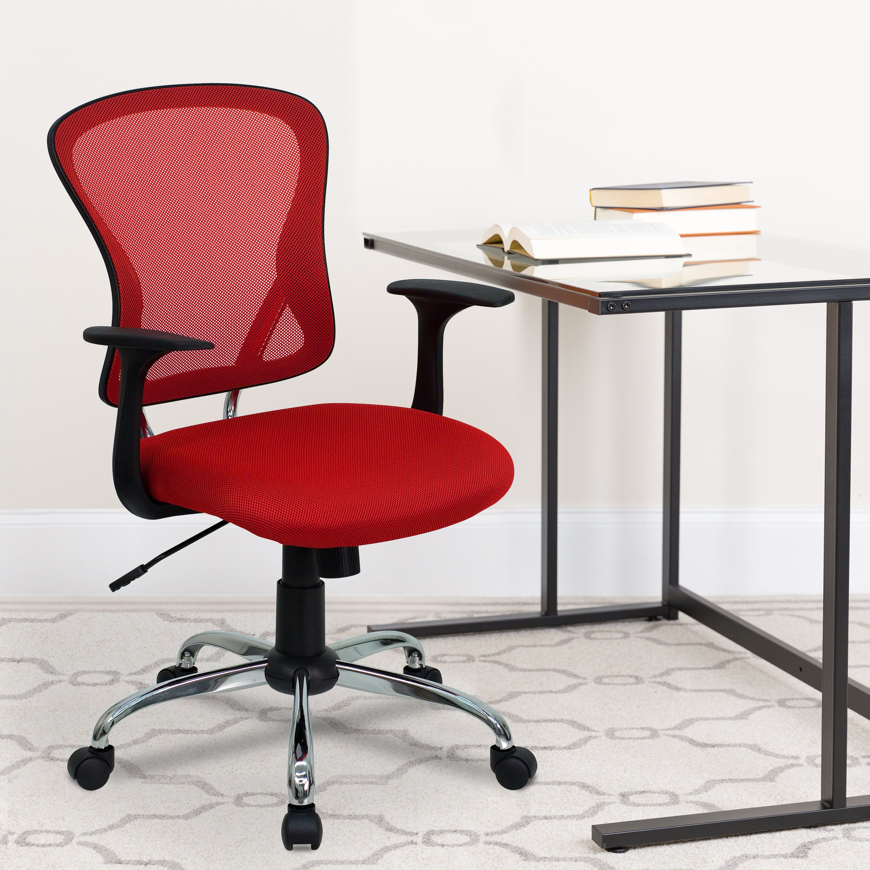 Alfred Mid-Back Red Mesh Swivel Task Office Chair with Chrome Base and Arms