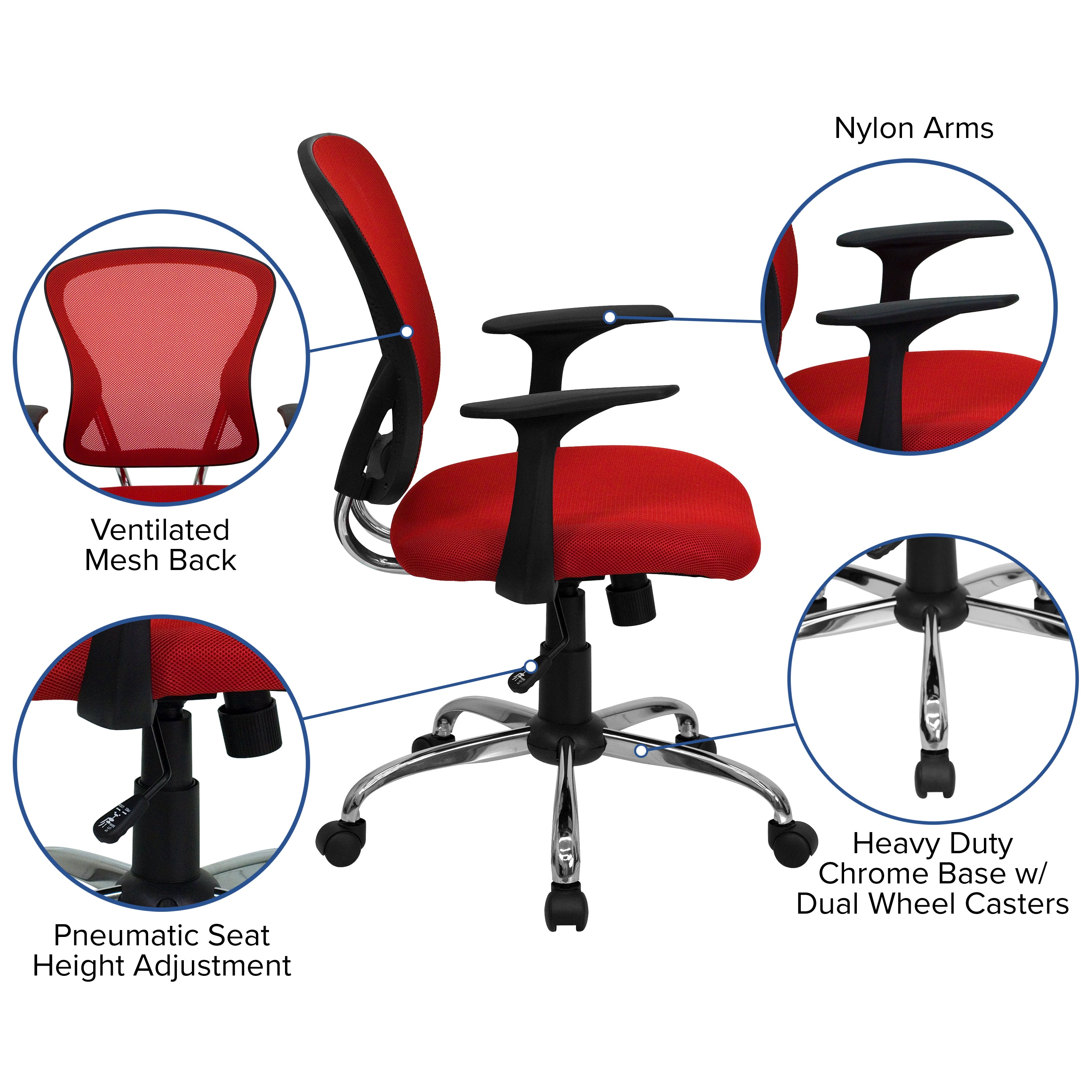Alfred Mid-Back Red Mesh Swivel Task Office Chair with Chrome Base and Arms