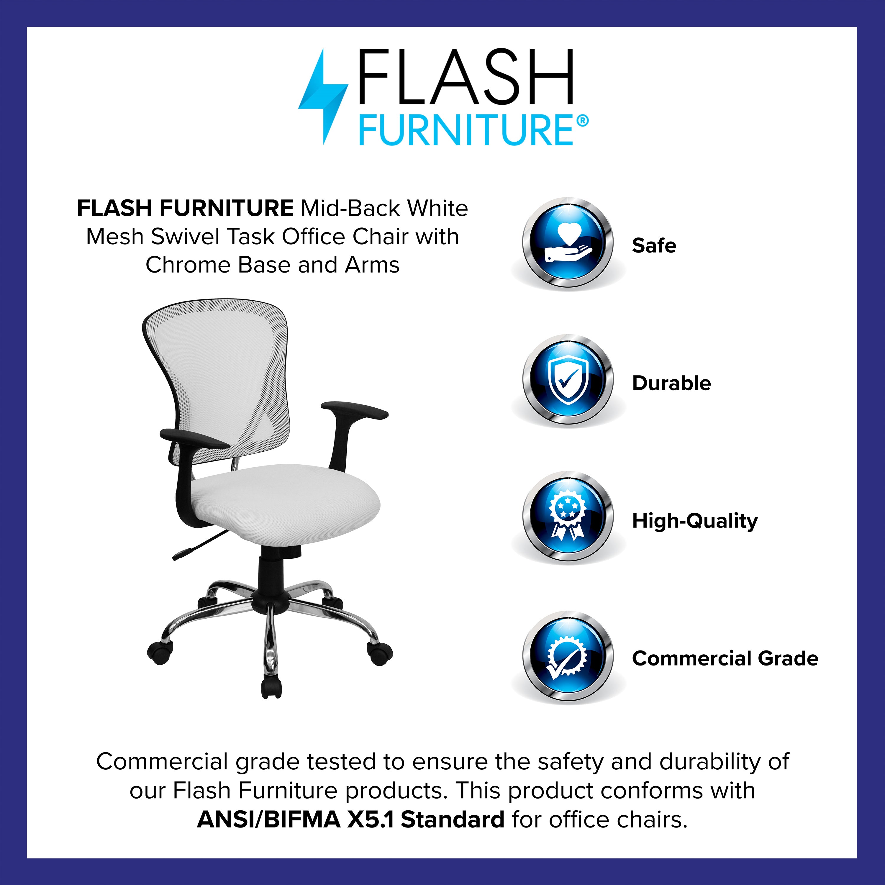 Alfred Mid-Back White Mesh Swivel Task Office Chair with Chrome Base and Arms