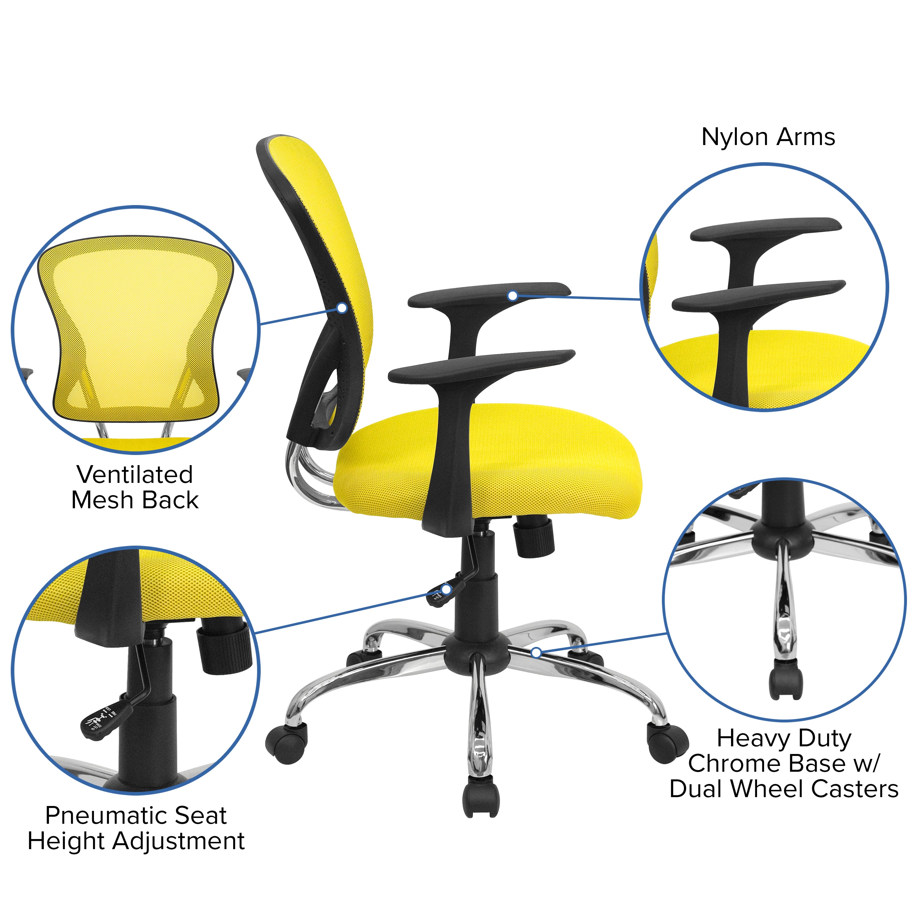 Alfred Mid-Back Yellow Mesh Swivel Task Office Chair with Chrome Base and Arms