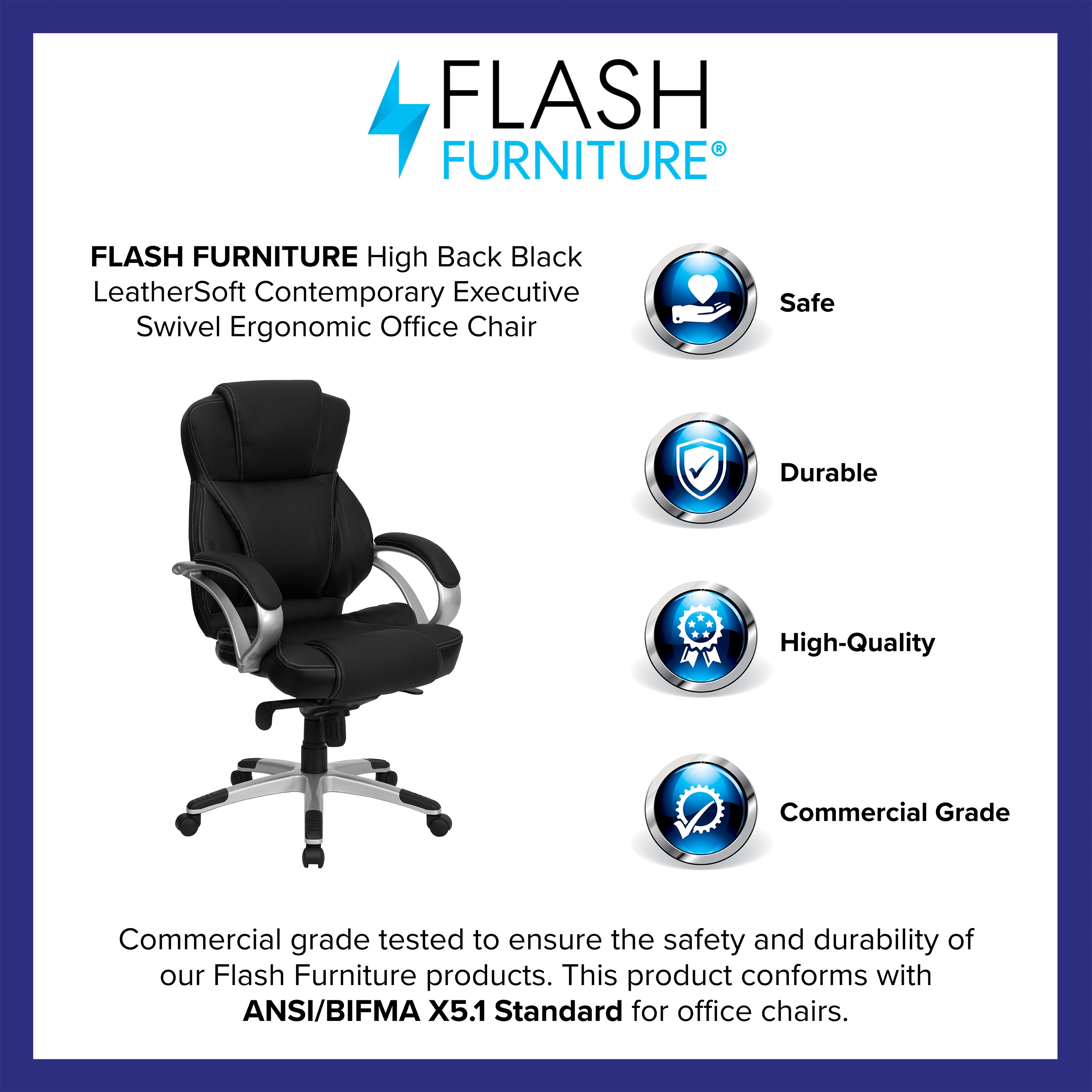 Hawkins High Back Black LeatherSoft Contemporary Executive Swivel Ergonomic Office Chair