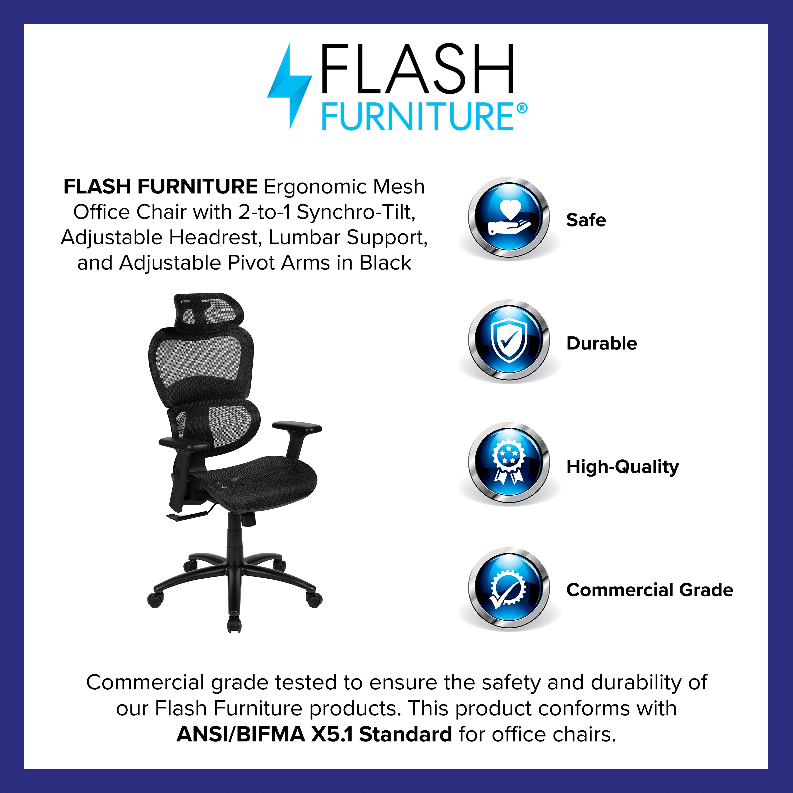 LO Ergonomic Mesh Office Chair with 2-to-1 Synchro-Tilt, Adjustable Headrest, Lumbar Support, and Adjustable Pivot Arms in Black
