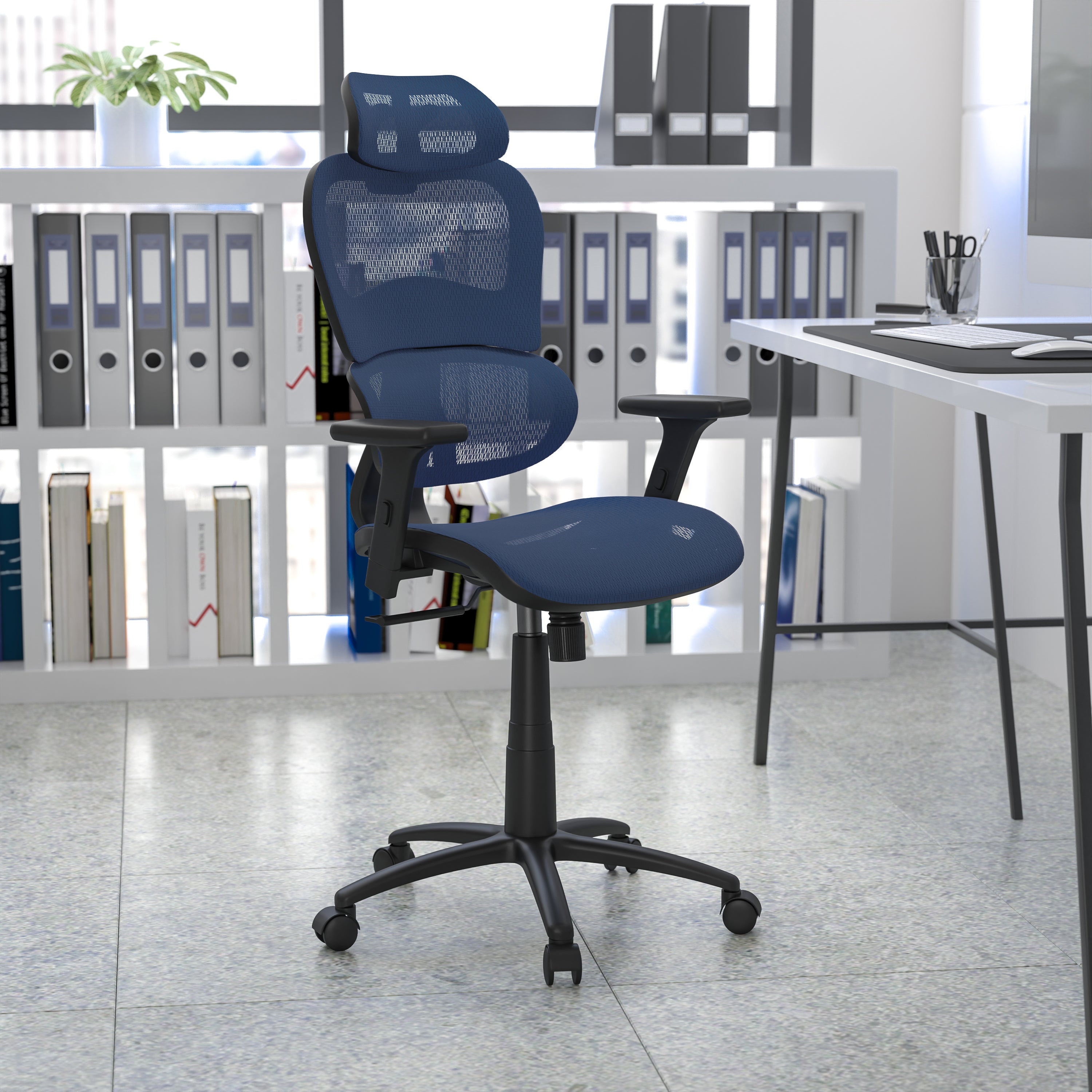 LO Ergonomic Mesh Office Chair with 2-to-1 Synchro-Tilt, Adjustable Headrest, Lumbar Support, and Adjustable Pivot Arms in Blue